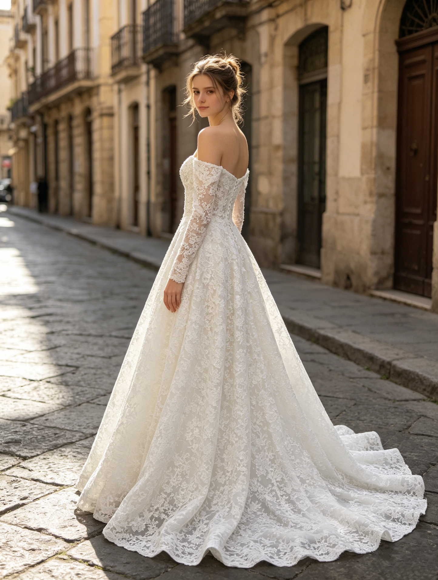 CS389 Elegant Off-the-Shoulder Lace A-Line Wedding Dress with Corset Bodice