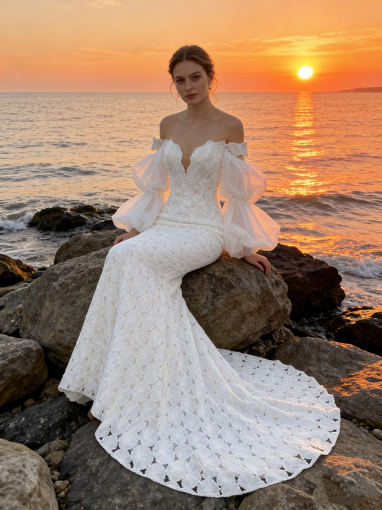 CS238  Elegant Off-the-Shoulder Mermaid Wedding Dress with 3D Floral Lace & Puff Sleeves