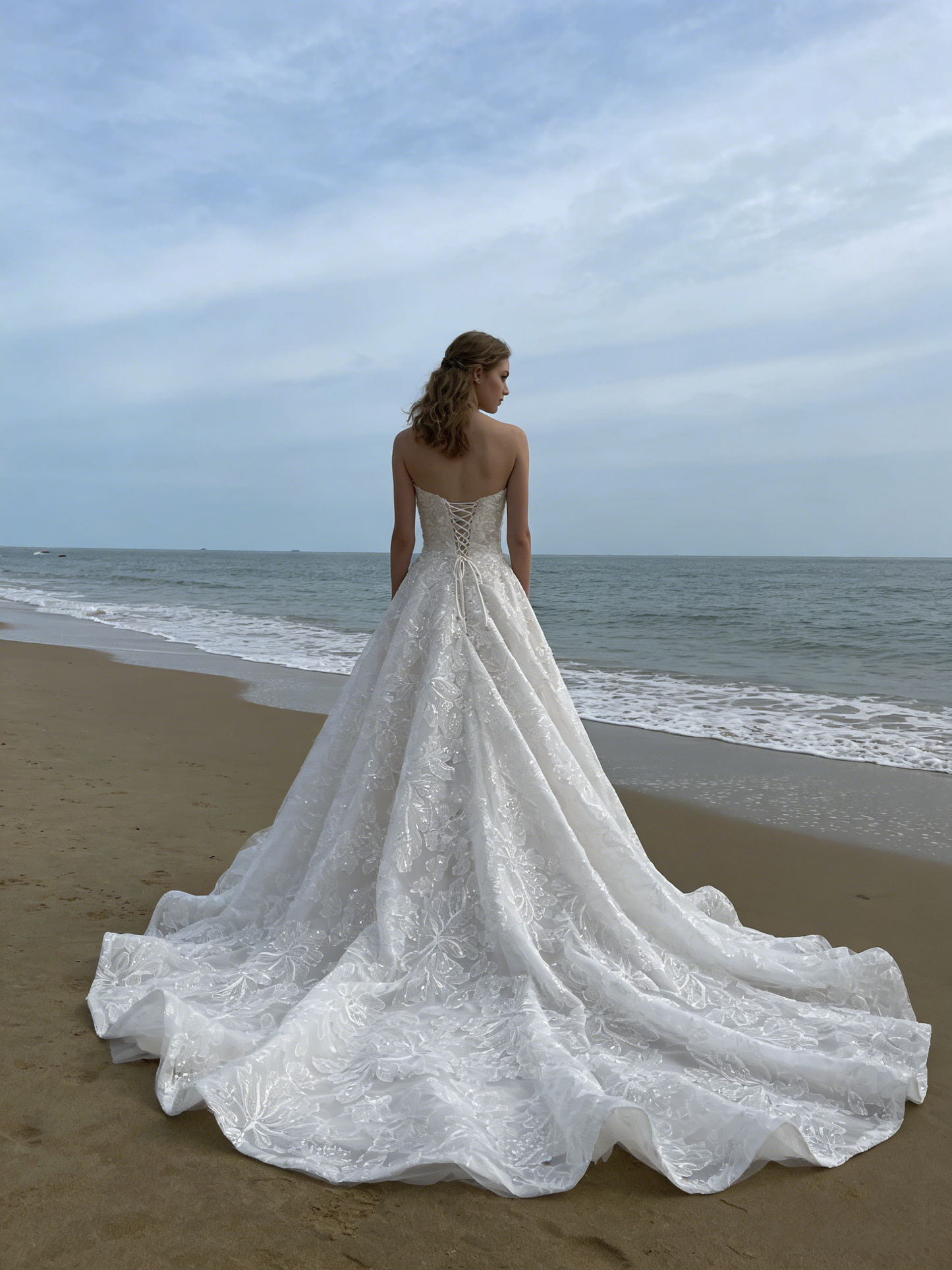 CS127 Luxury 3D Floral Lace Strapless A-Line Wedding Dress with Corset Back & Cathedral Train