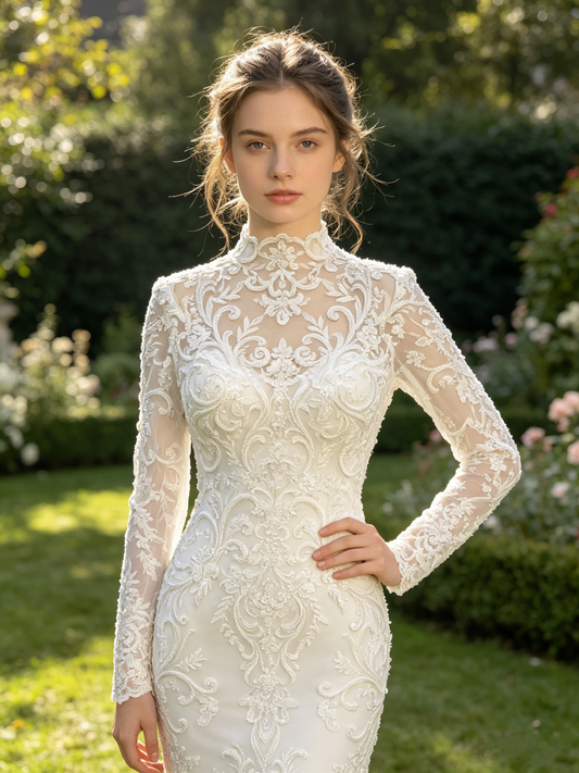 CN311 High Neck Long Sleeve Mermaid Wedding Dress with Beaded Lace Appliqués