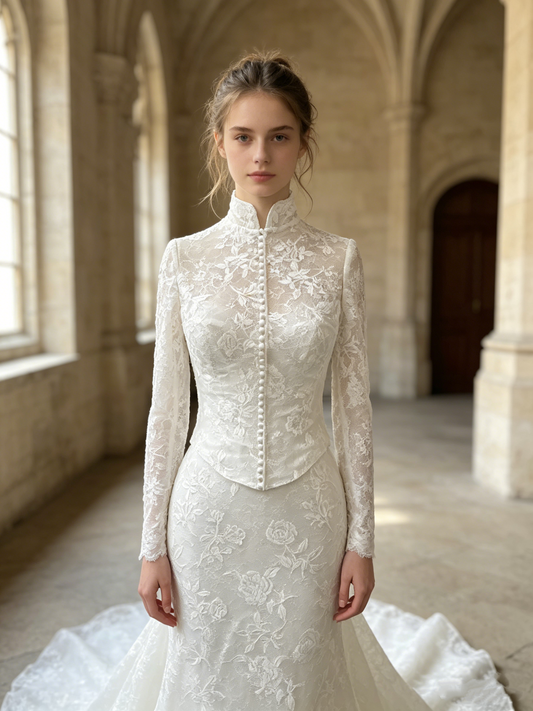 CN322 Convertible Strapless Mermaid Wedding Dress with High Neck Lace Jacket