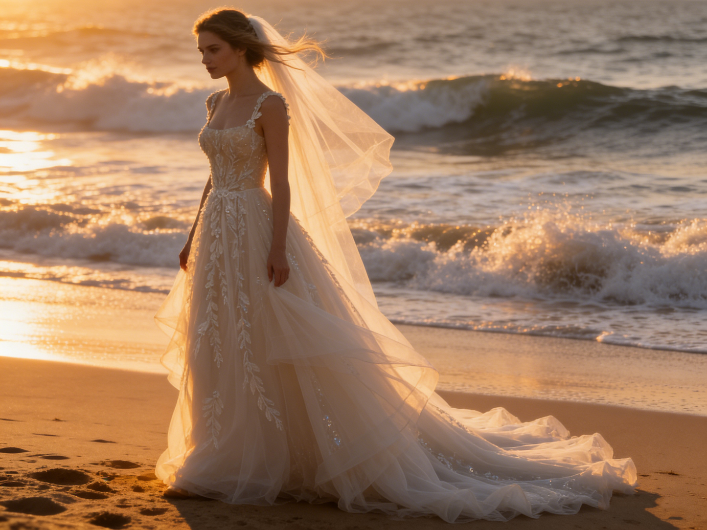 CS00007 Elegant Floral Embroidered A-Line Wedding Dress with Square Neck & Detachable Train