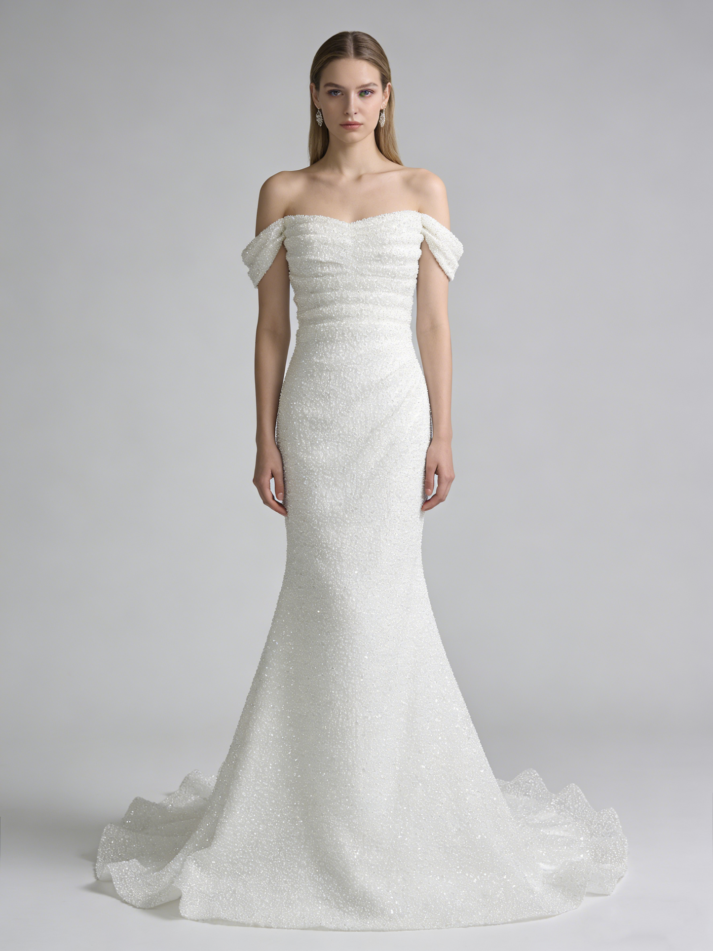 LJX226 Off-the-Shoulder Beaded Mermaid Wedding Dress with Sparkle Tulle Train