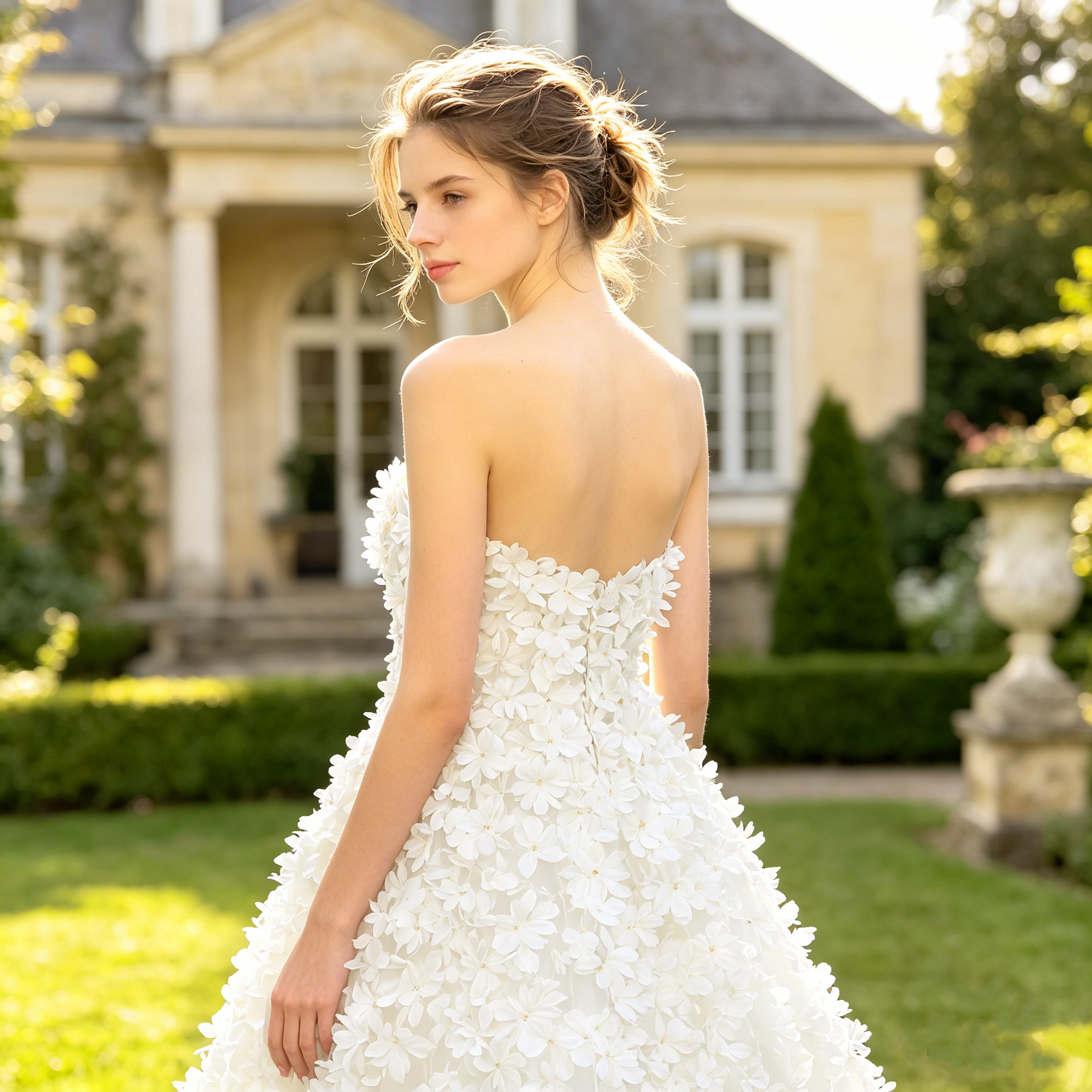 CS292 Strapless 3D Floral A-Line Wedding Dress with Pearl Accents & Chapel Train