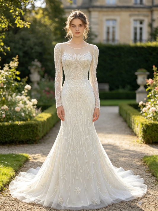 CS436 Beaded Mermaid Wedding Dress with Long Sleeves & Illusion Neckline