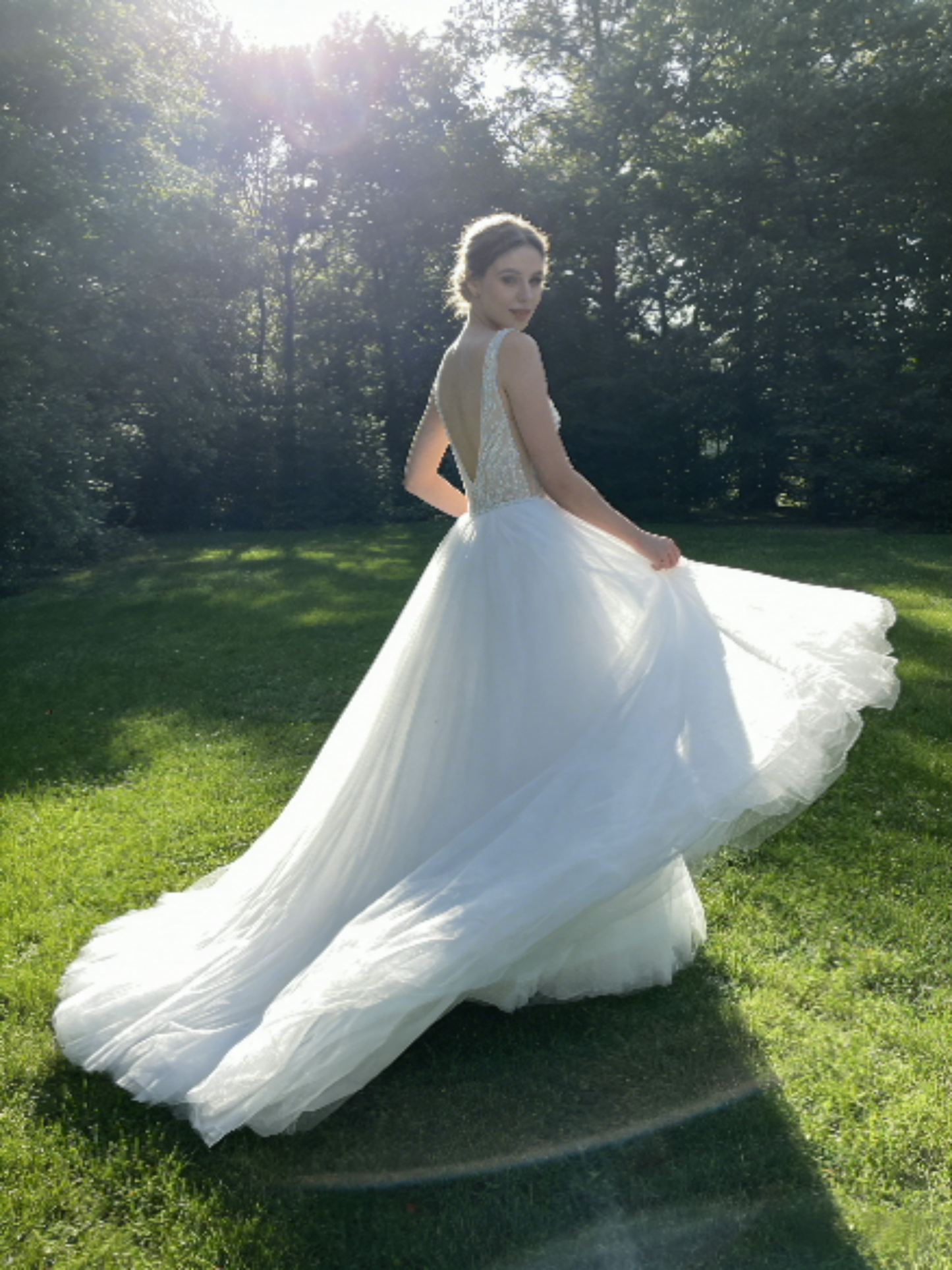 JF007 Elegant Deep V-neck Tulle Ball Gown Wedding Dress with Beaded Bodice