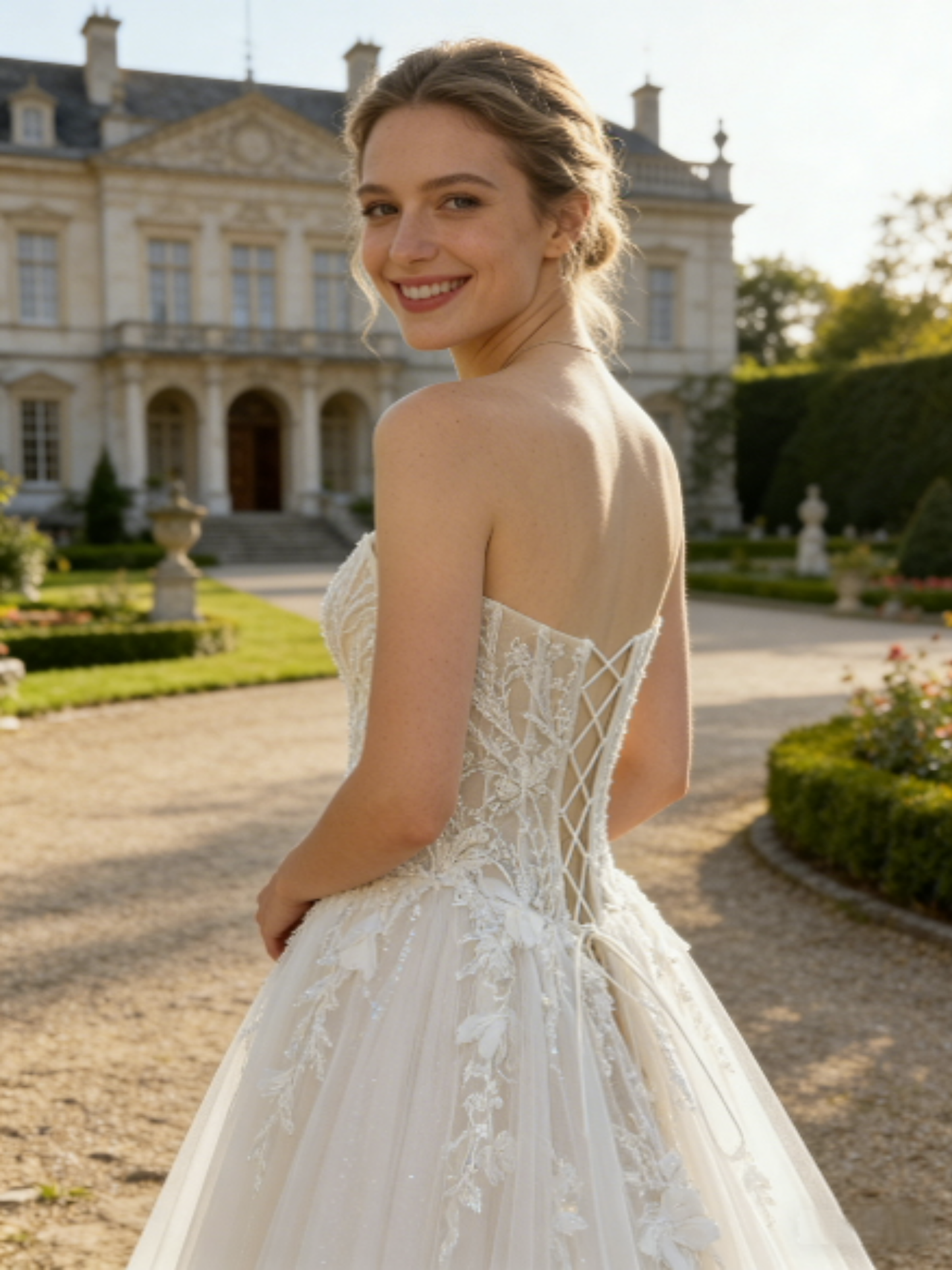 JF009 Elegant Strapless Lace A-Line Wedding Dress with Corset Back & Cathedral Train