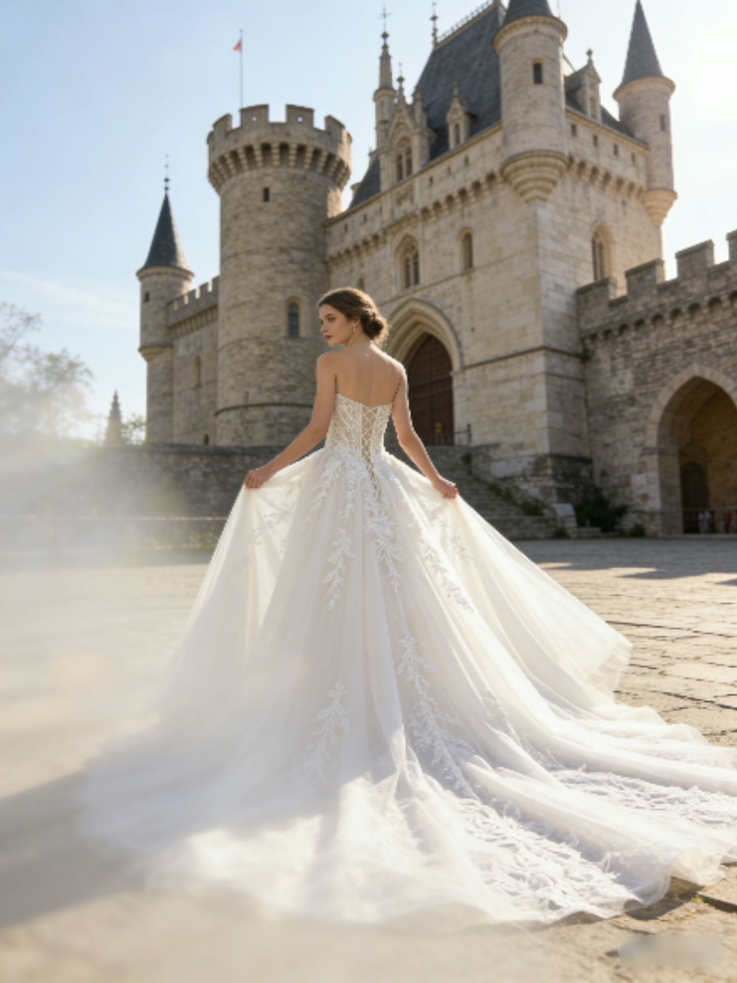 JF009 Elegant Strapless Lace A-Line Wedding Dress with Corset Back & Cathedral Train