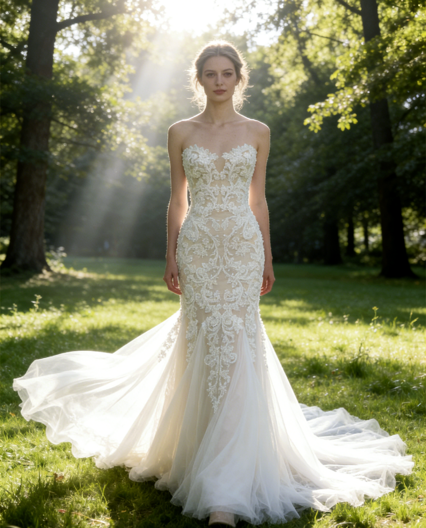 JF043 Strapless Lace Mermaid Wedding Dress with Ruffled Tulle Train