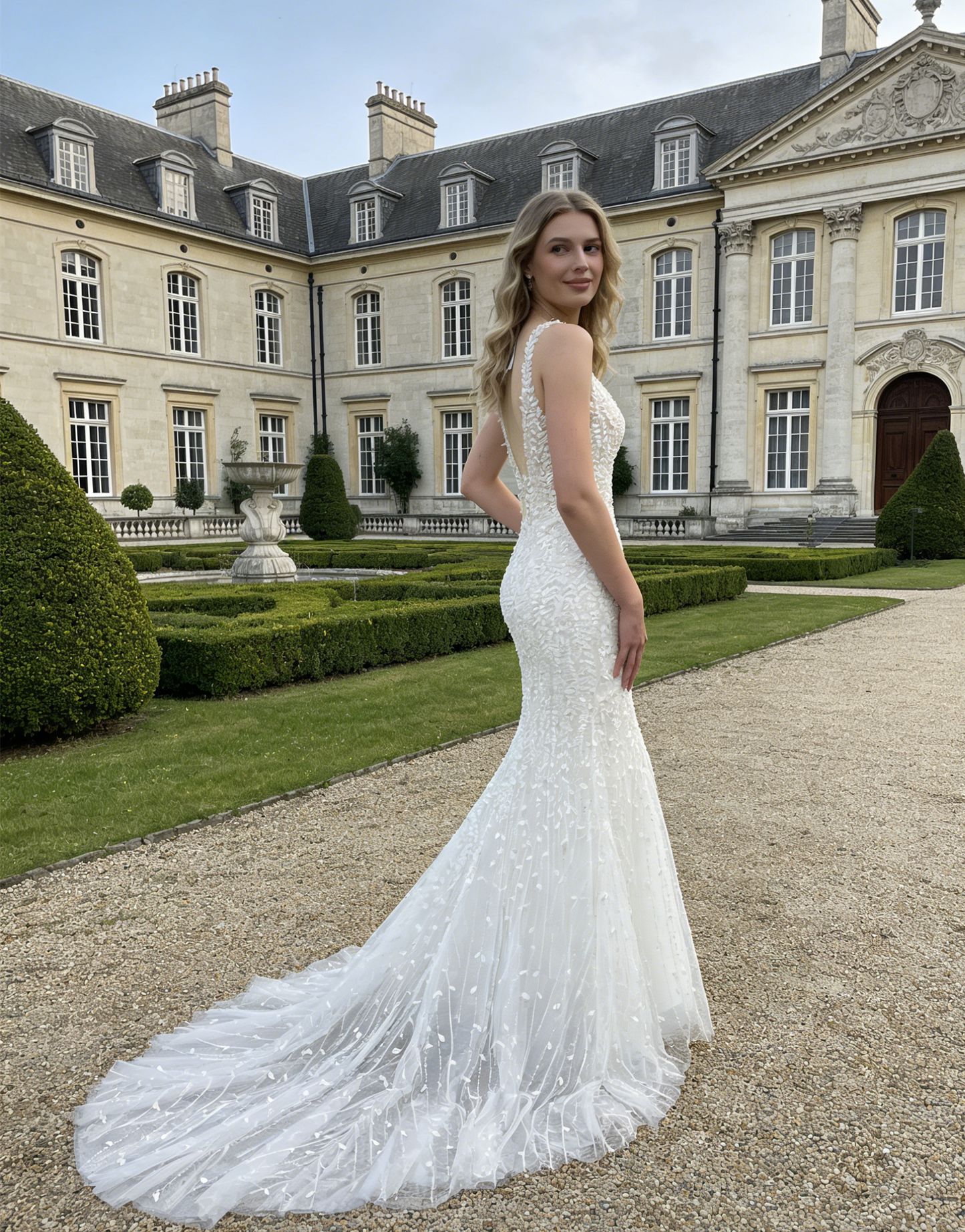 Deep V-neck Beaded Lace Mermaid Wedding Dress | JF004 Bridal Gown