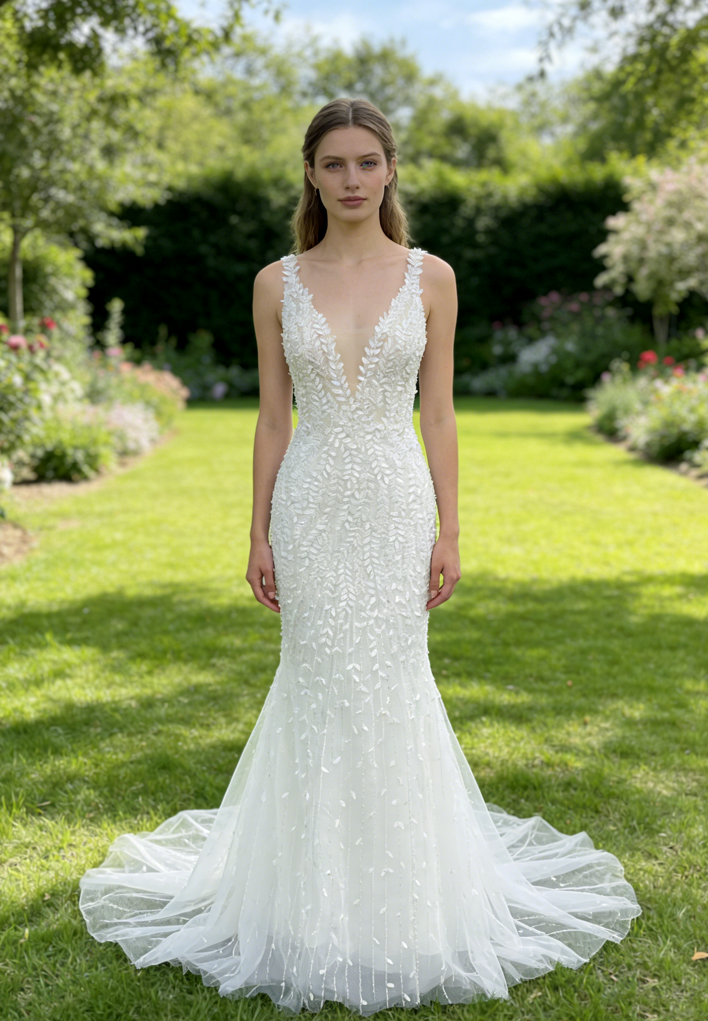 Deep V-neck Beaded Lace Mermaid Wedding Dress | JF004 Bridal Gown