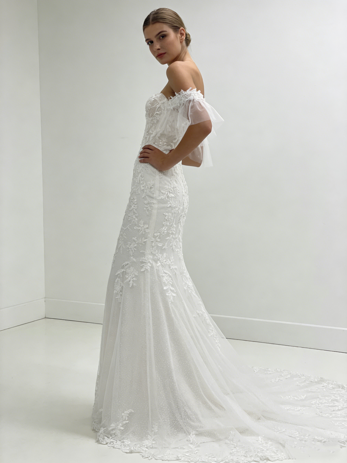 CS118 Elegant Lace Mermaid Wedding Dress with Detachable Tulle Sleeves