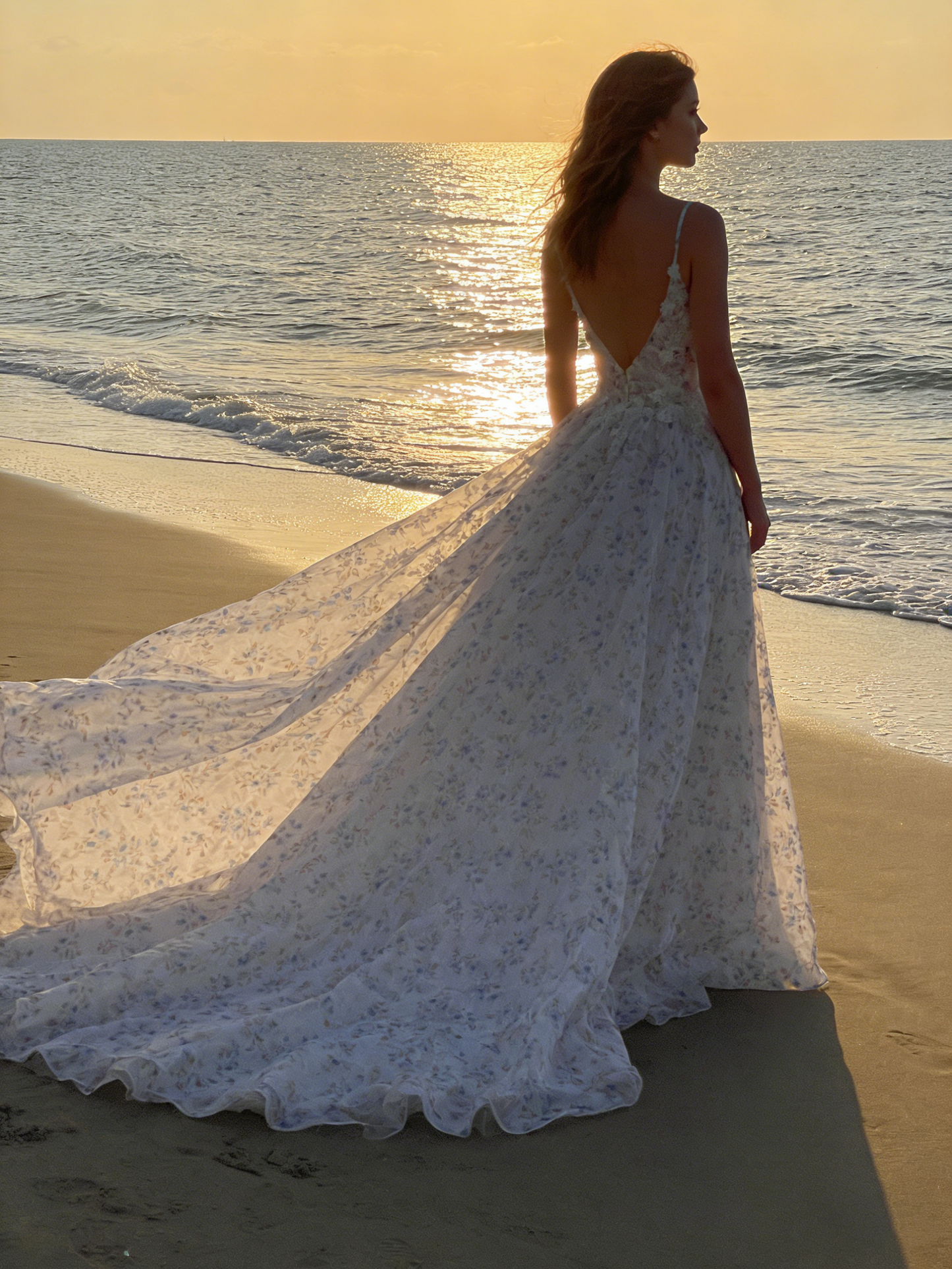 CS161 Romantic Floral Print A-Line Wedding Dress with Deep V-Neck & Open Back