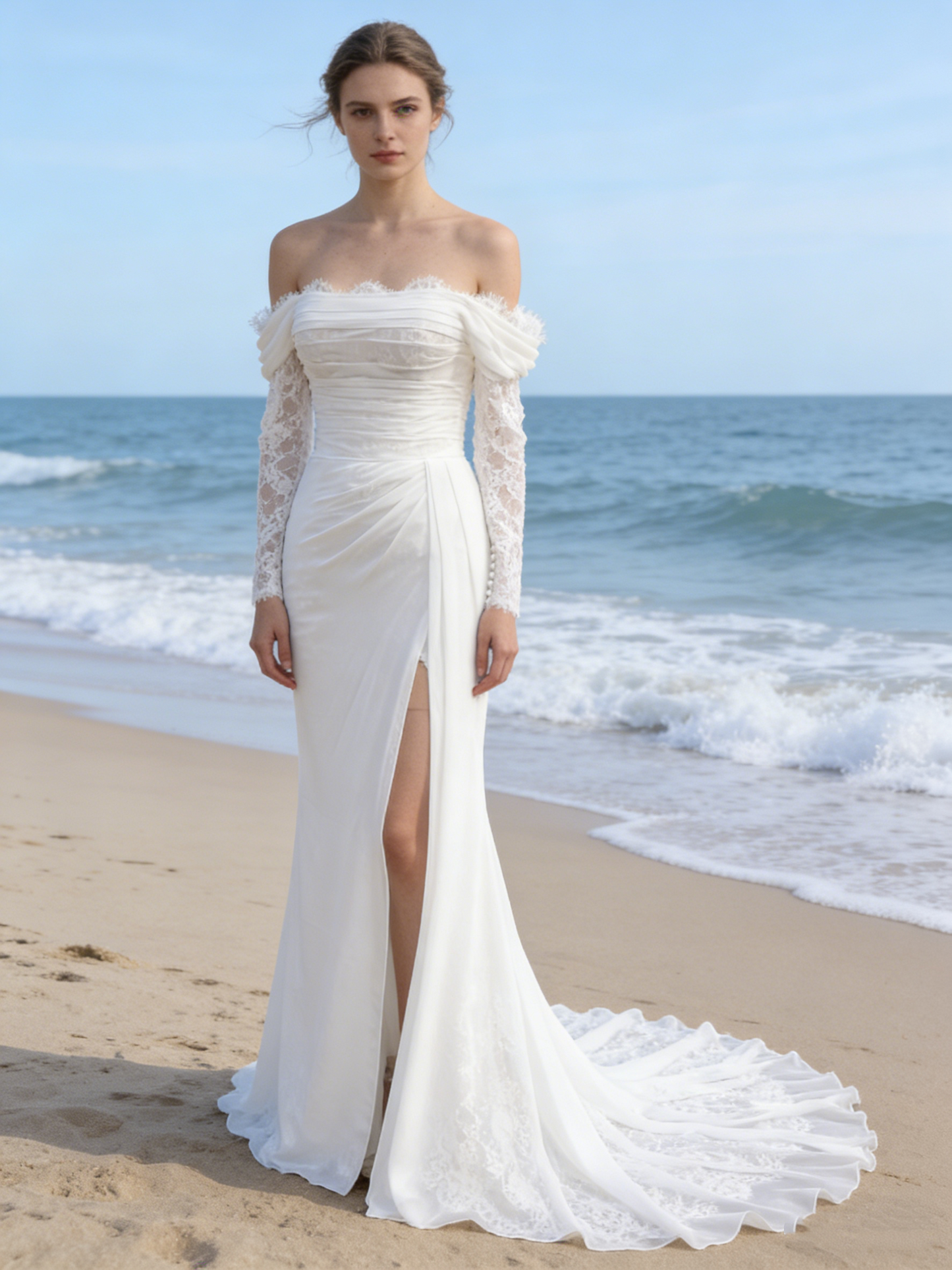 CS122 Elegant Off-the-Shoulder Mermaid Wedding Dress with Lace Long Sleeves & Slit