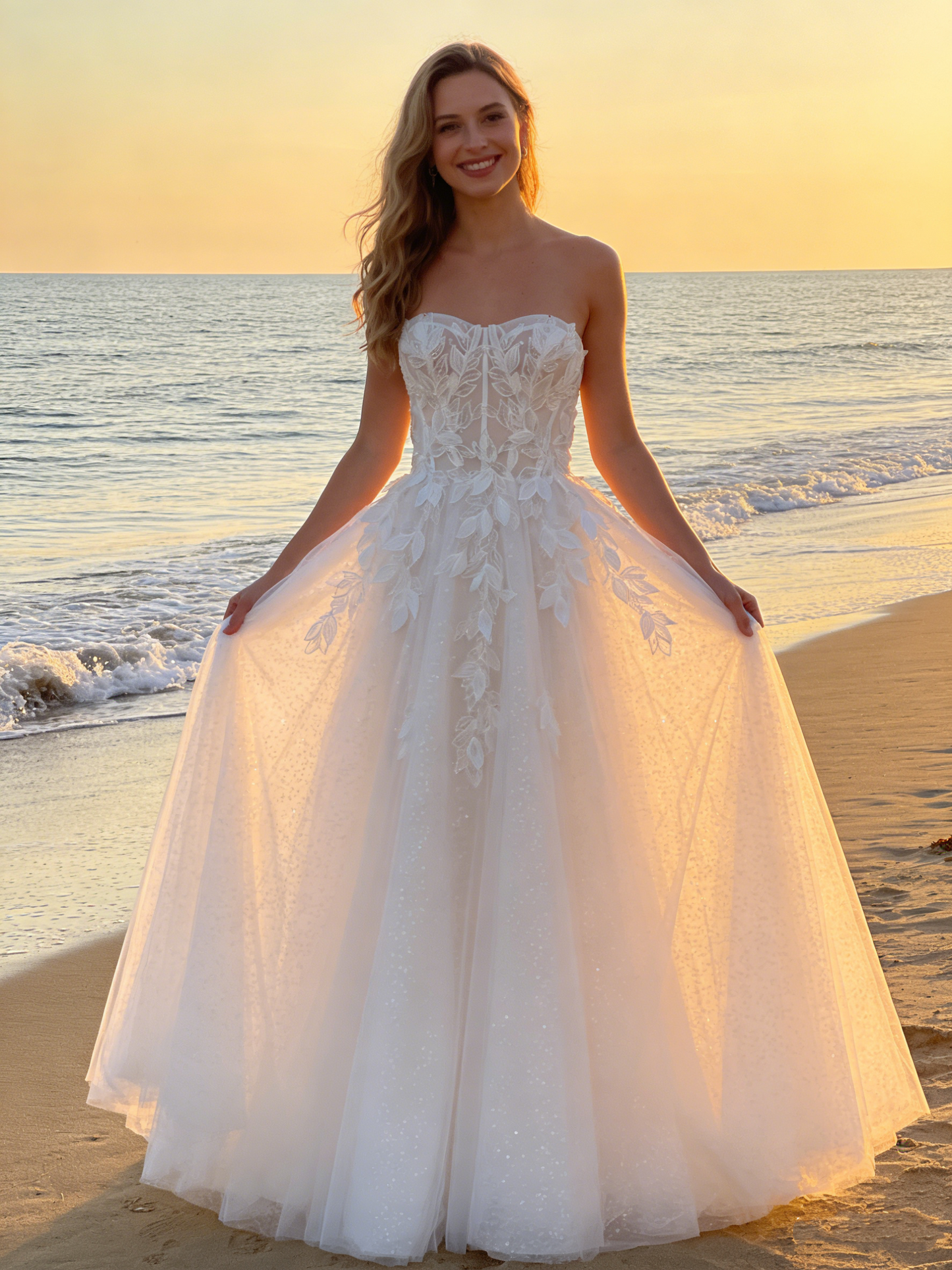 CS147 Romantic Leaf Lace Strapless A-Line Wedding Dress with Button Back & Ruffled Train