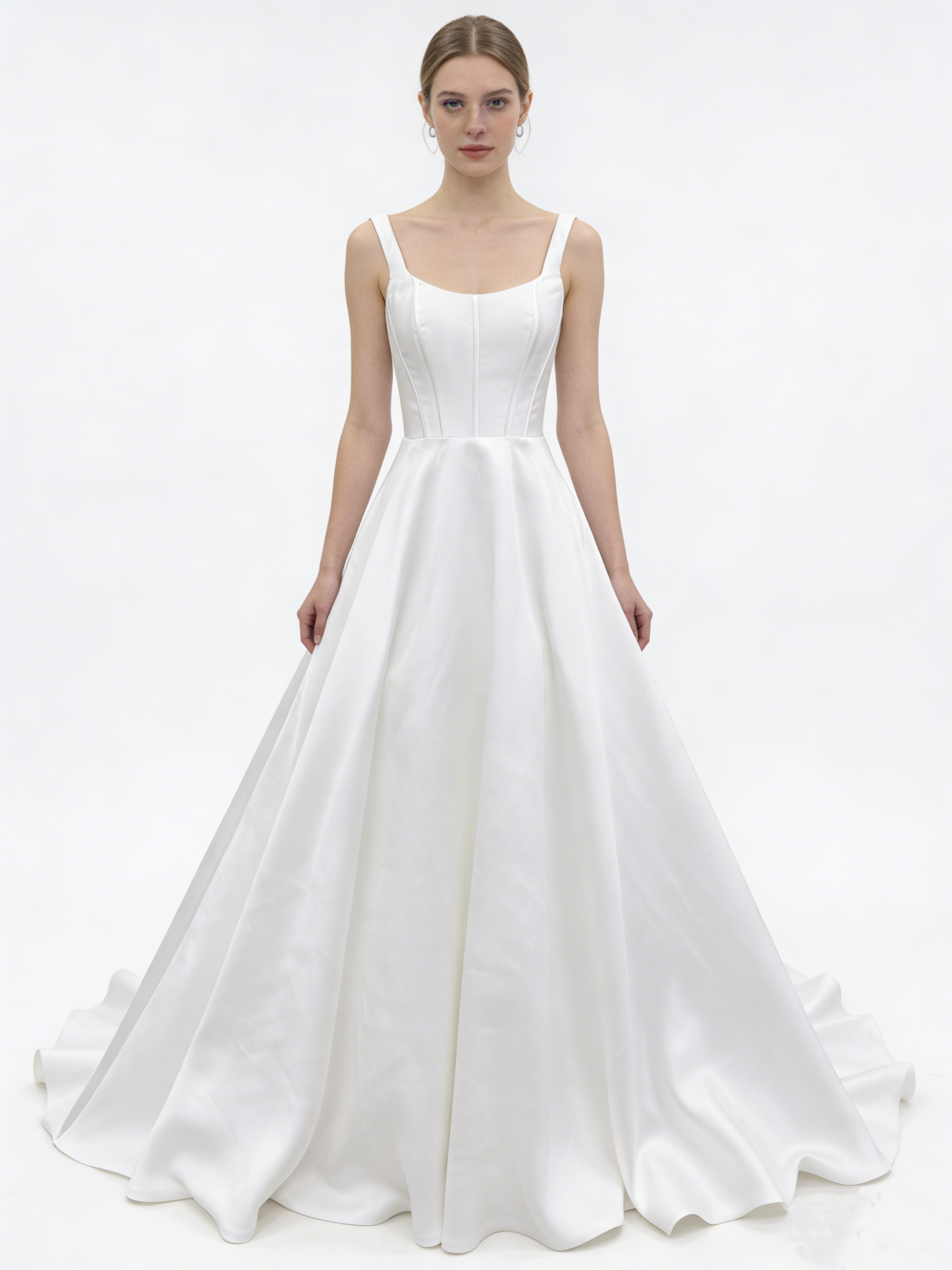 LJX179 Square Neck Satin A-Line Wedding Dress with Corset Back & Covered Buttons