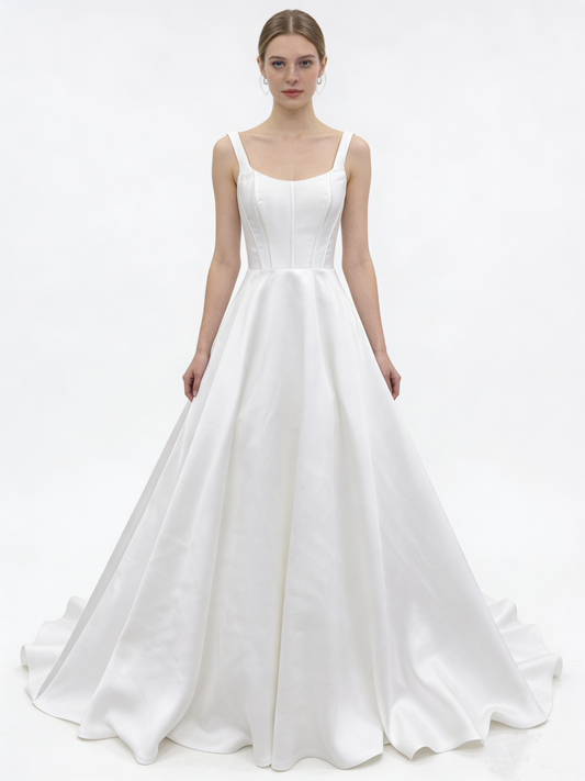 LJX179 Square Neck Satin A-Line Wedding Dress with Corset Back & Covered Buttons