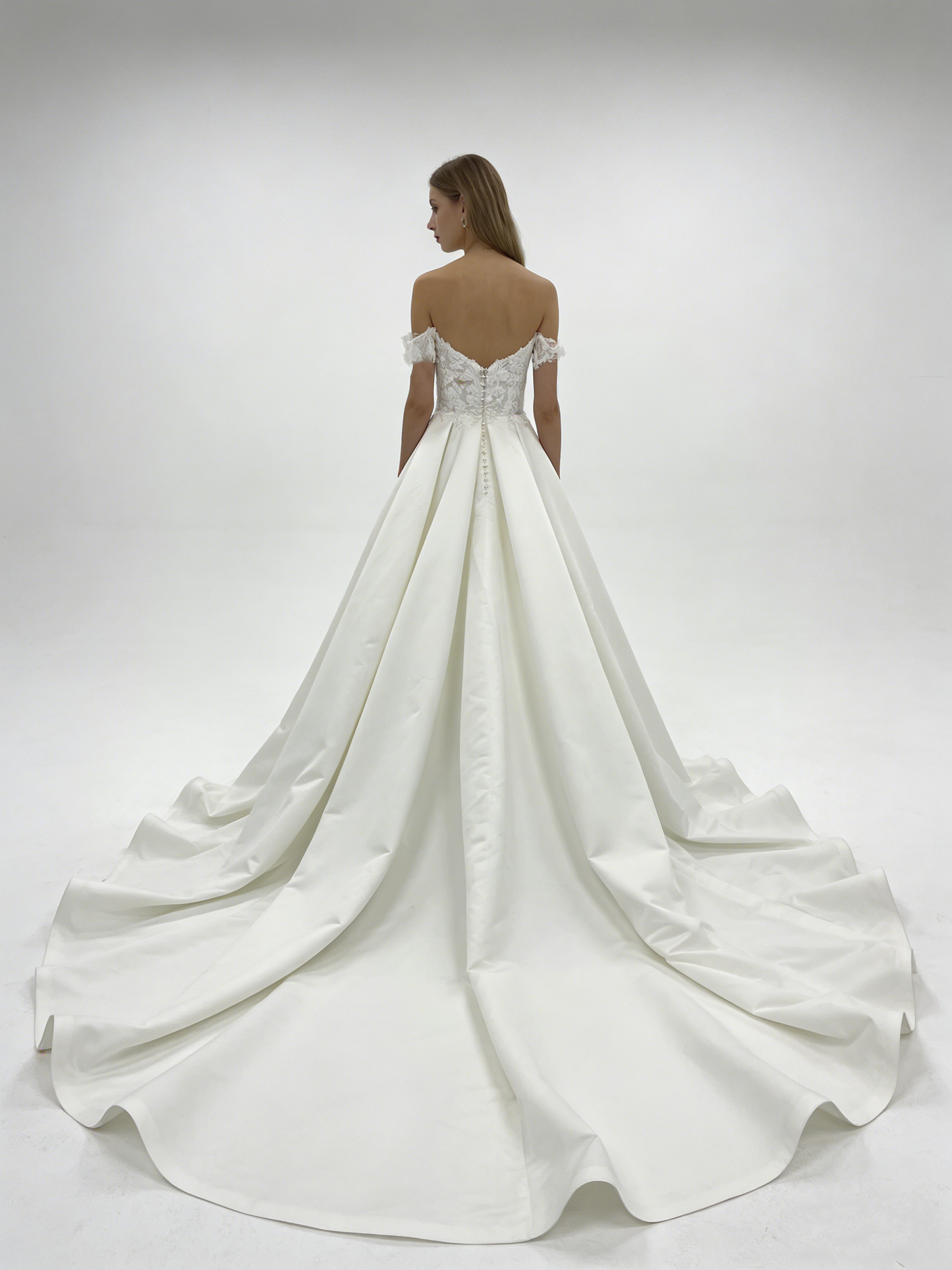 Elegant Off-the-Shoulder Satin A-Line Wedding Dress with Lace Bodice LJX228 Bridal Gown