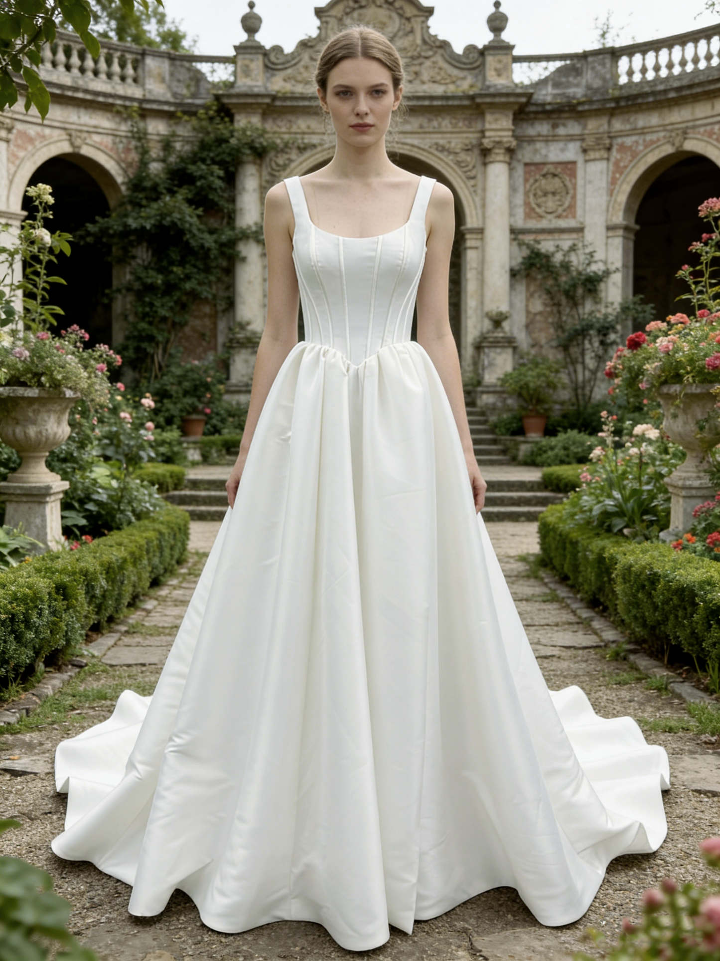 JF042 Elegant Satin Ball Gown Wedding Dress with Square Neck & Corset Bodice