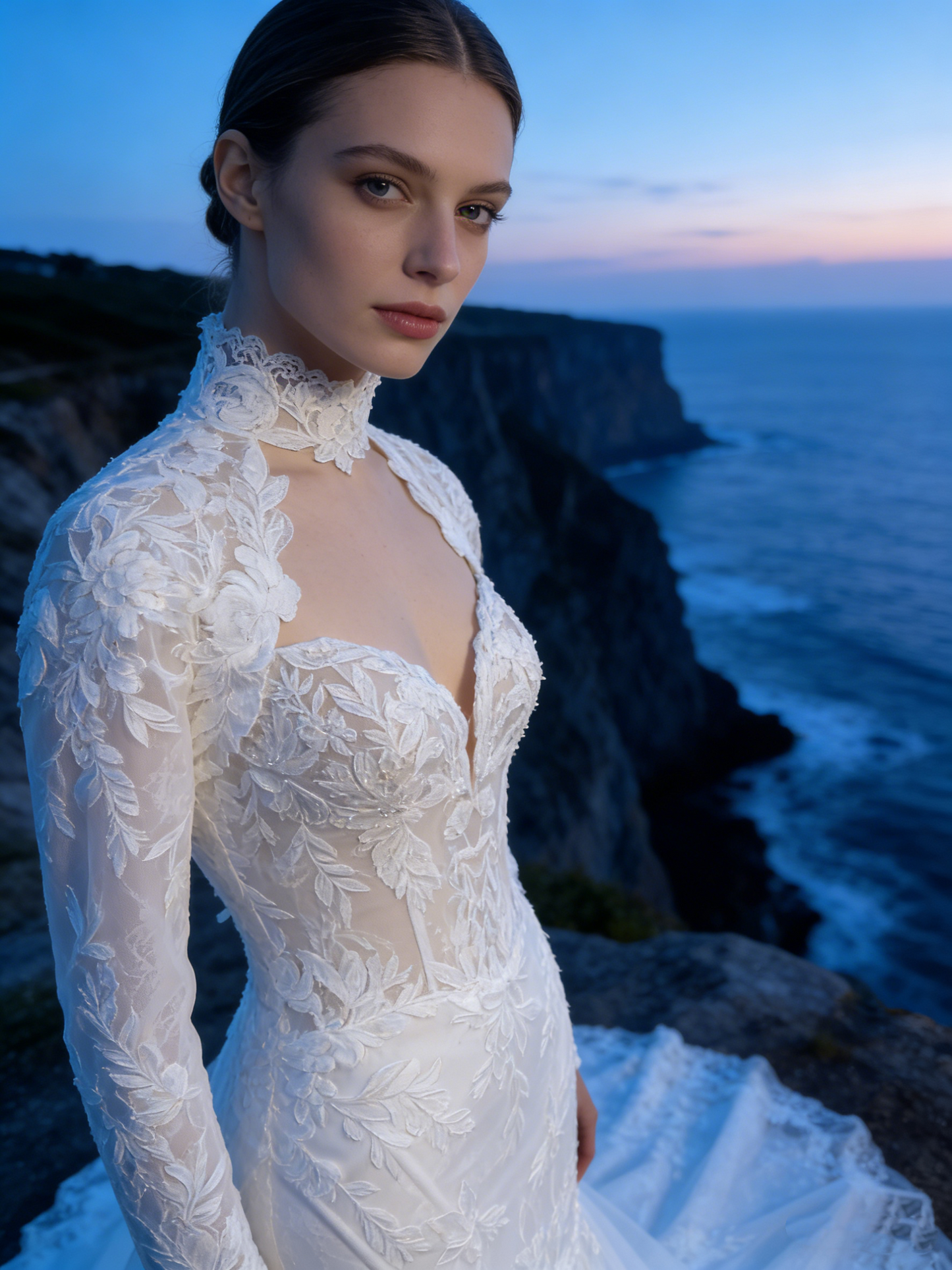 ZT005  Elegant High Neck Long Sleeve Mermaid Wedding Dress with 3D Lace Appliqué & Keyhole Cutout