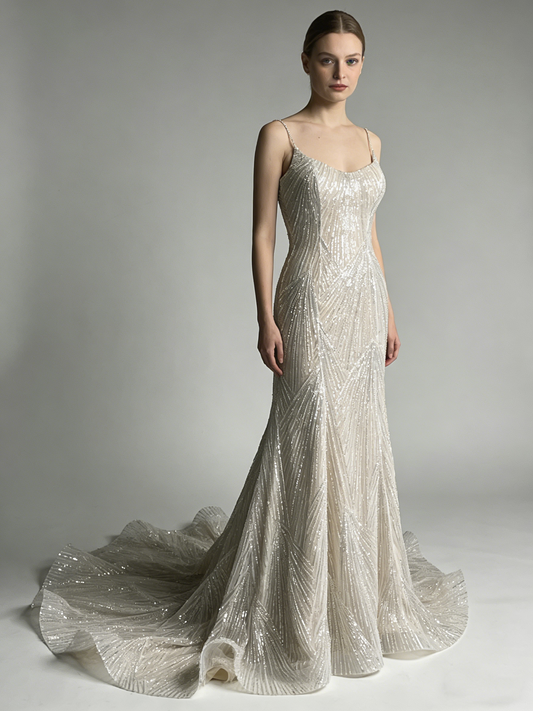 LJZ143 Sparkling Beaded Mermaid Wedding Dress with Spaghetti Straps & Corset Back