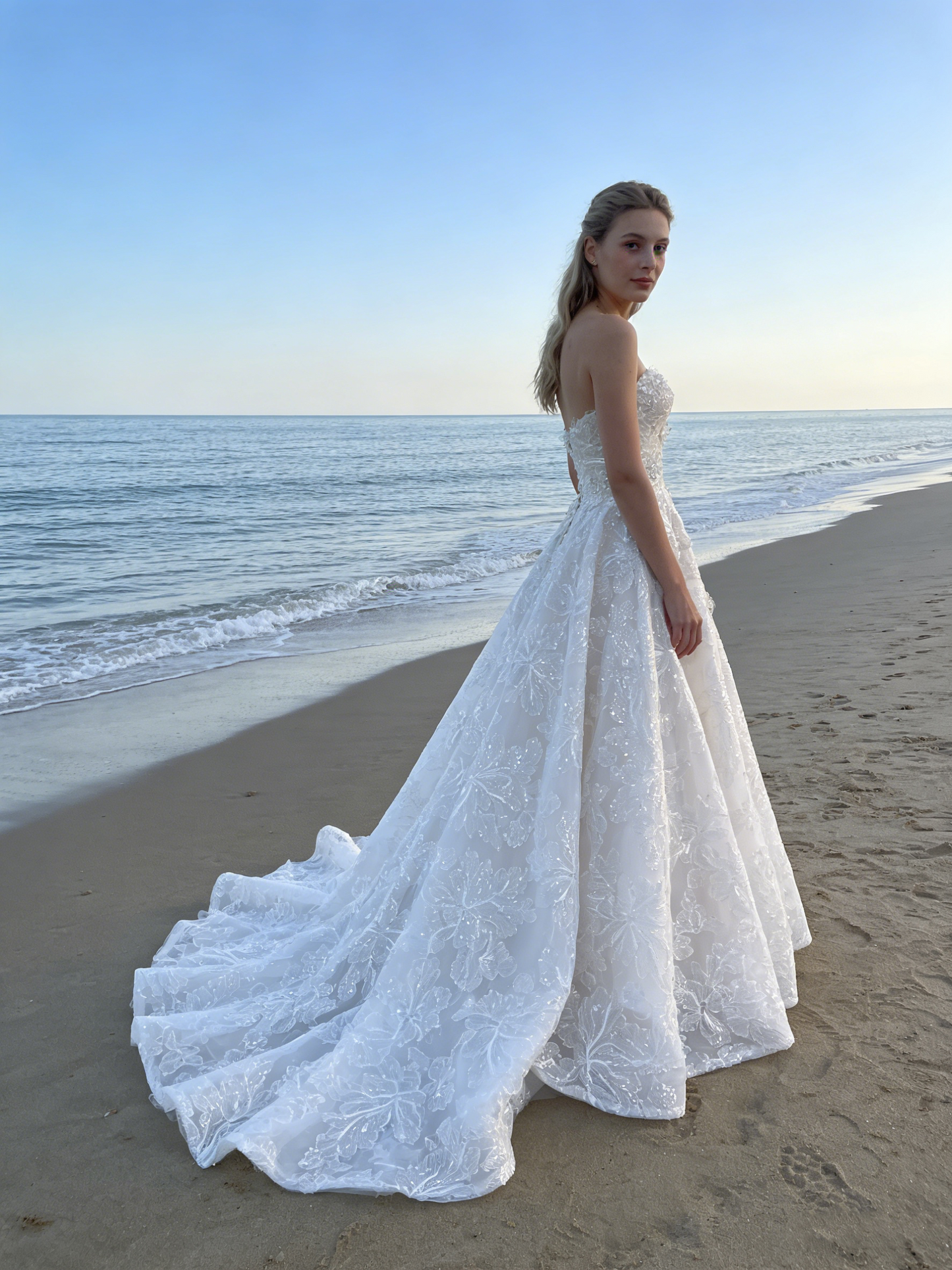 CS127 Luxury 3D Floral Lace Strapless A-Line Wedding Dress with Corset Back & Cathedral Train