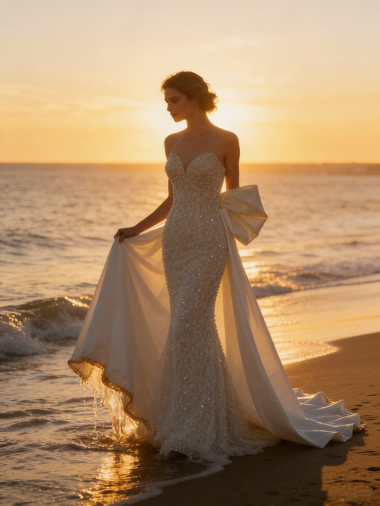ZT004 Strapless Sweetheart Mermaid Wedding Dress with Detachable Oversized Bow Train & Beaded Bodice
