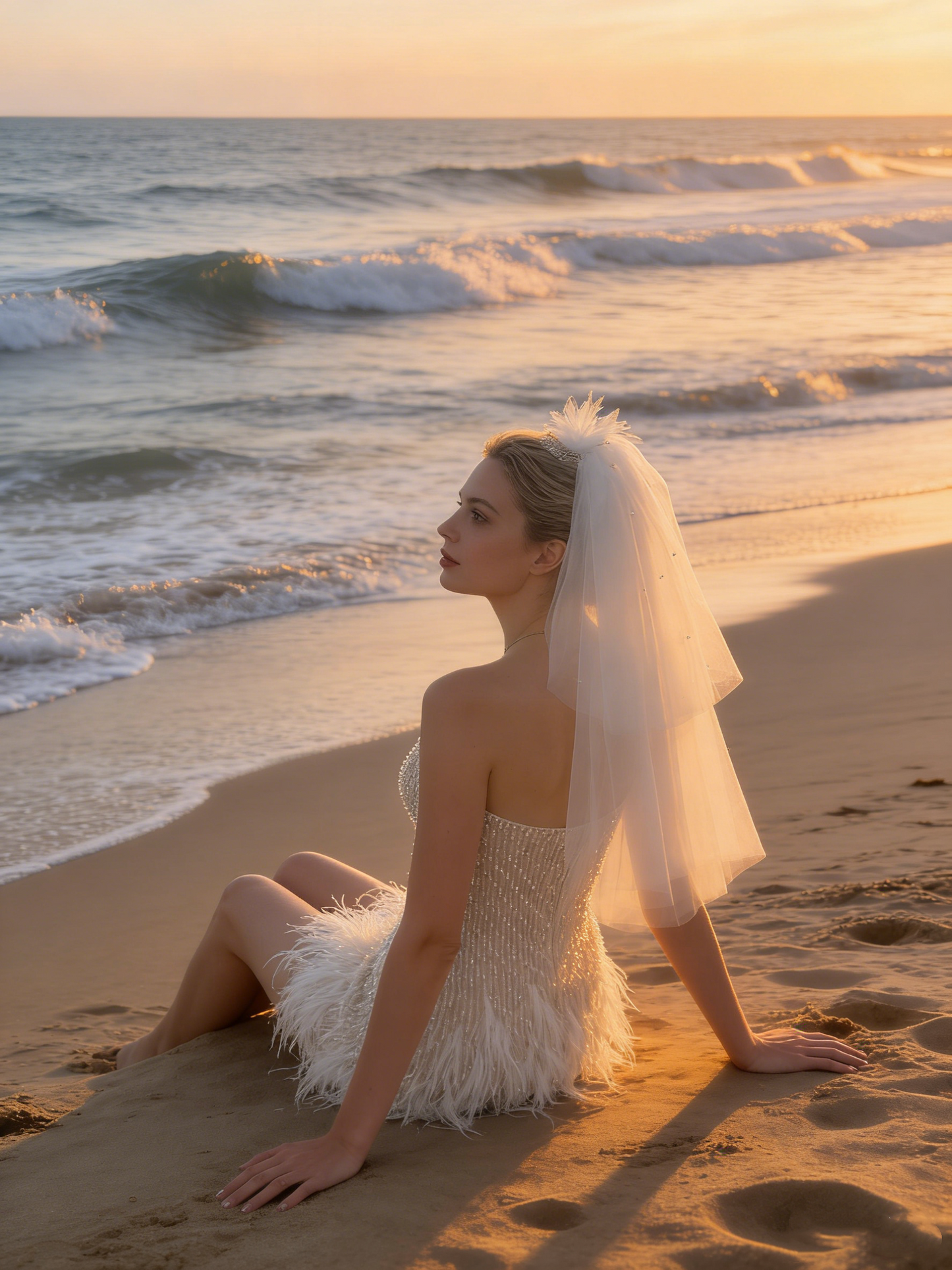 CS161B Luxury Feather & Beading Mini Wedding Dress | Elegant Strapless Bridal Gown with Veil