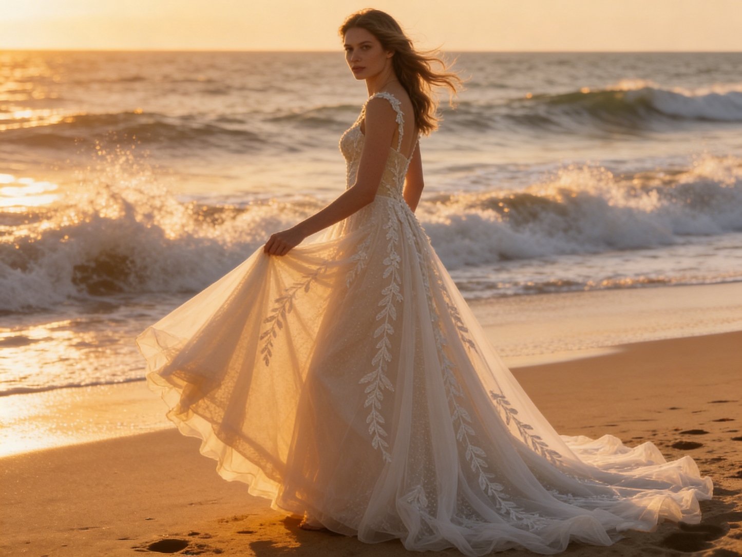 CS00007 Elegant Floral Embroidered A-Line Wedding Dress with Square Neck & Detachable Train