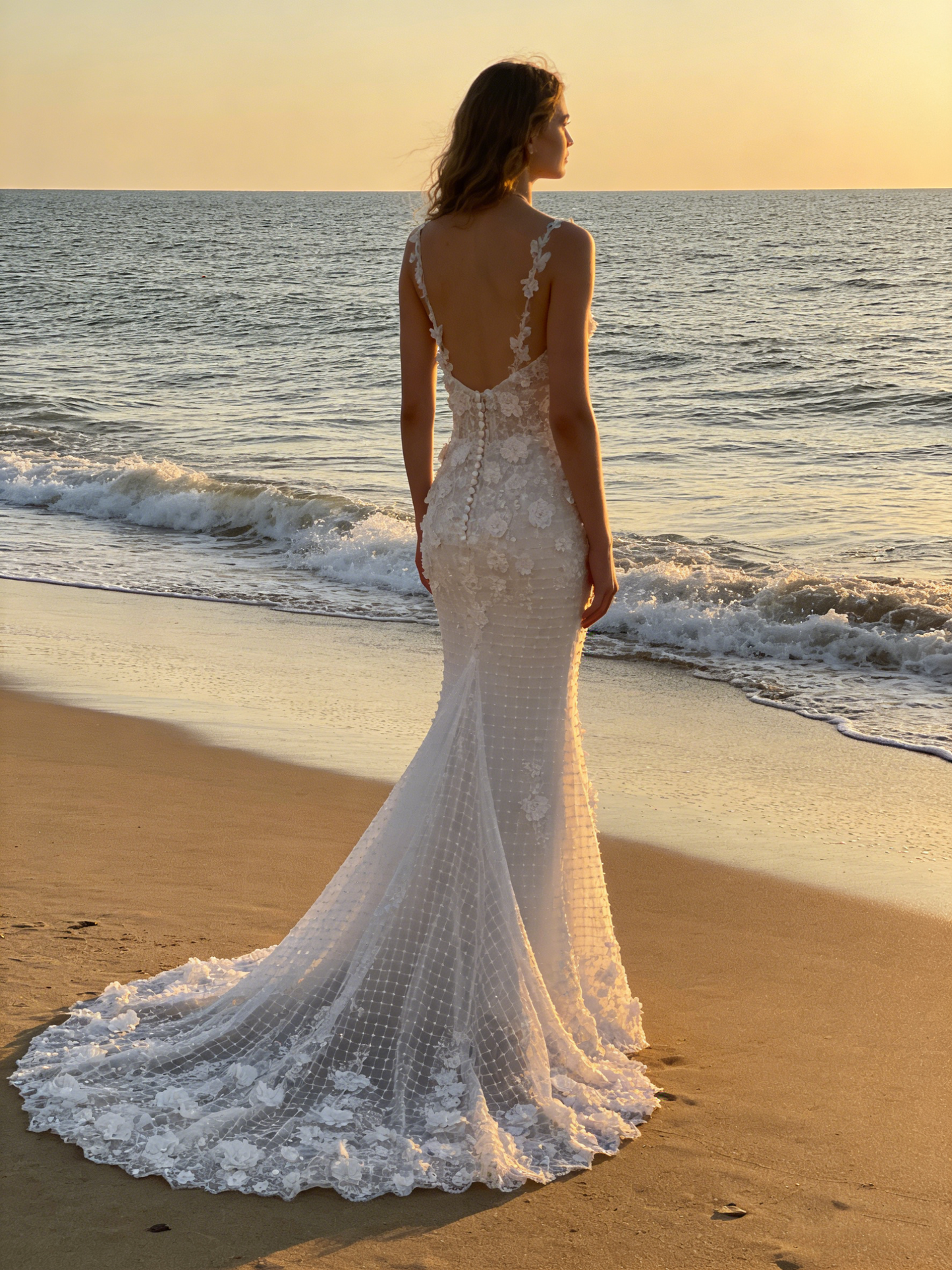 CS185 Luxury 3D Floral Lace Mermaid Wedding Dress with Spaghetti Straps & Beading Detailing