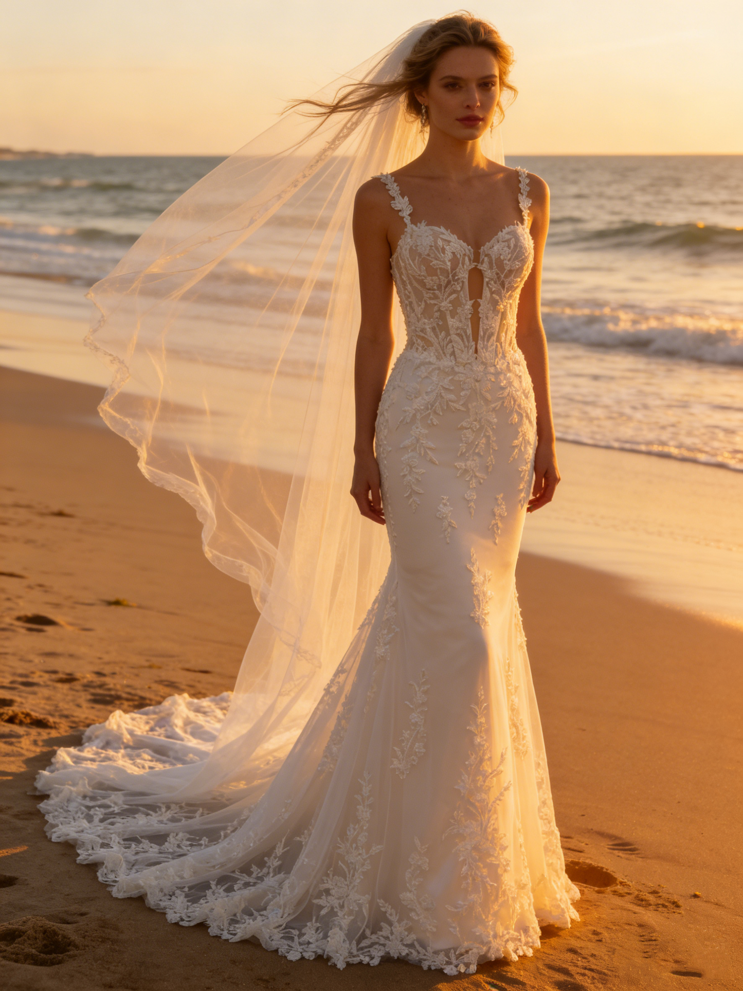 CS178 Luxury Spaghetti Strap Lace Mermaid Wedding Dress with Corset Back & Beaded Detailing