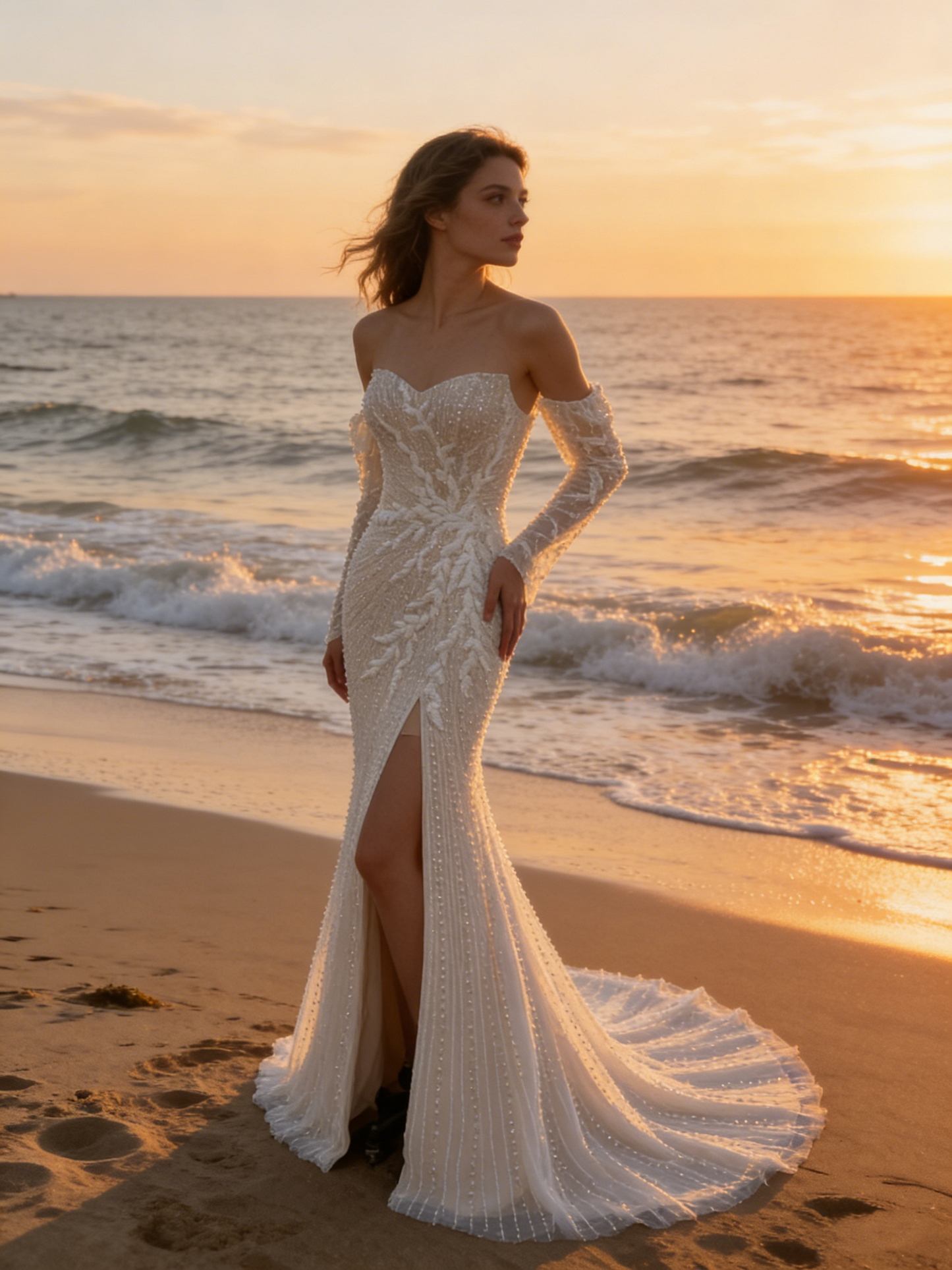 CS194 Beaded Mermaid Wedding Dress with Detachable Off-the-Shoulder Long Sleeves