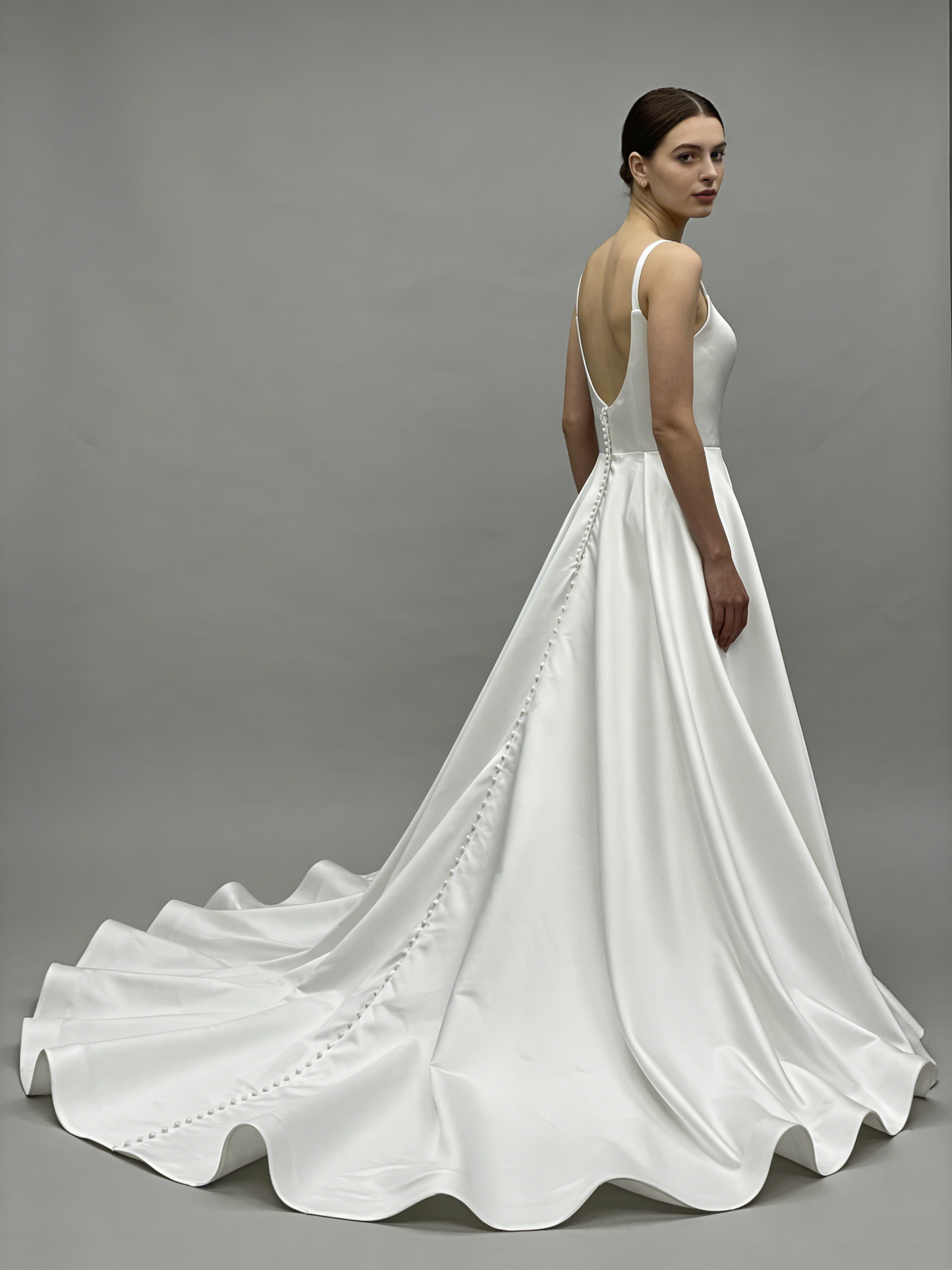 LJX191 Elegant Square Neck Satin A-Line Wedding Dress with Covered Button Back