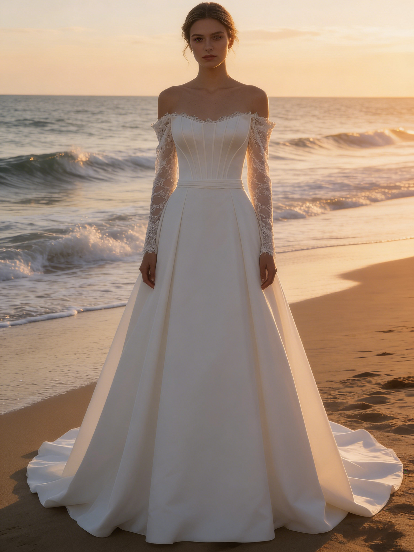 CS150 Elegant Satin A-Line Wedding Dress with Off-the-Shoulder Lace Sleeves & Corset Bodice