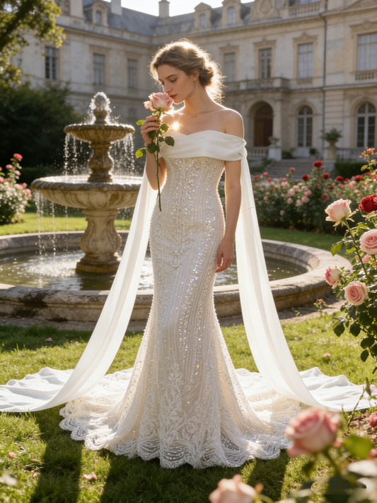 CS102 Luxury Strapless Mermaid Wedding Dress with Detachable Off-the-Shoulder Cape Sleeves & Beaded Train