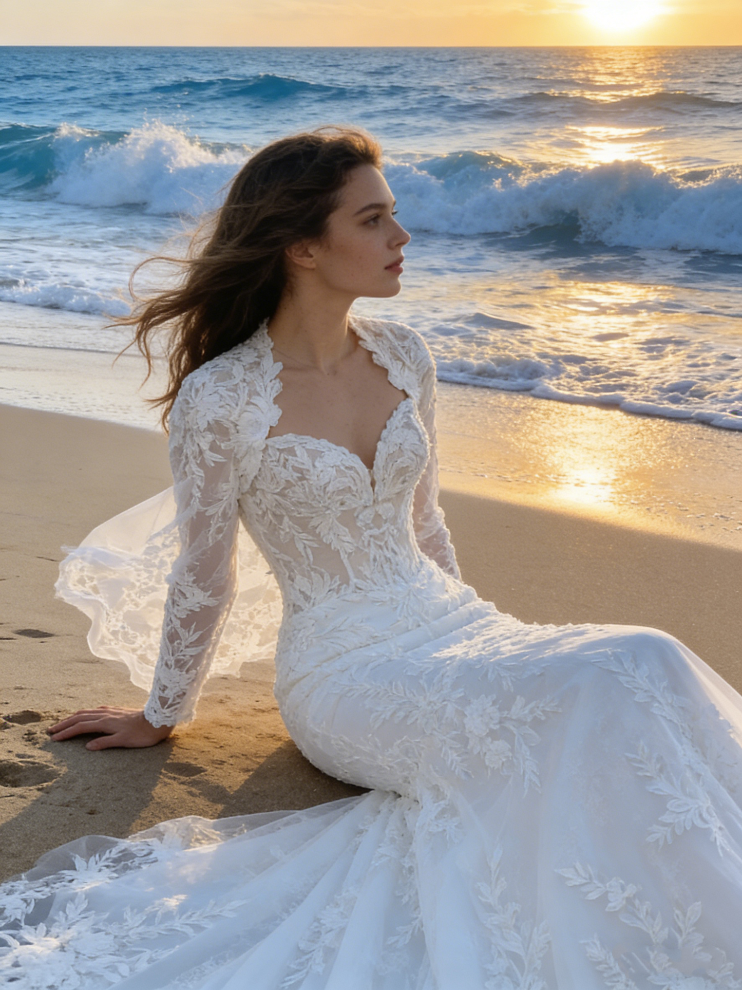 ZT005  Elegant High Neck Long Sleeve Mermaid Wedding Dress with 3D Lace Appliqué & Keyhole Cutout