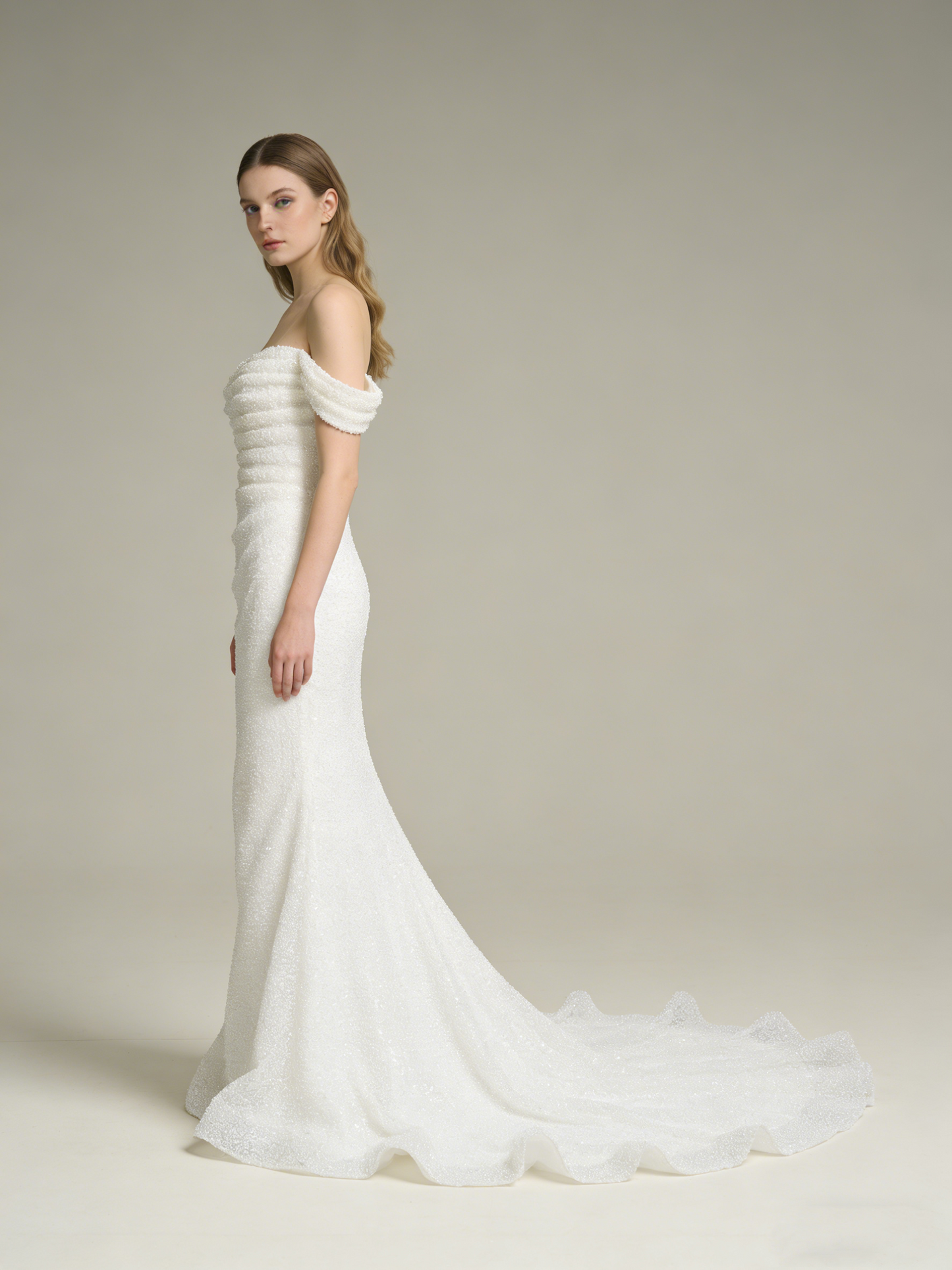 LJX226 Off-the-Shoulder Beaded Mermaid Wedding Dress with Sparkle Tulle Train