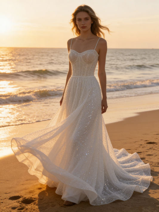 CS129 Sparkling Beaded A-Line Wedding Dress with Spaghetti Straps & Illusion Back