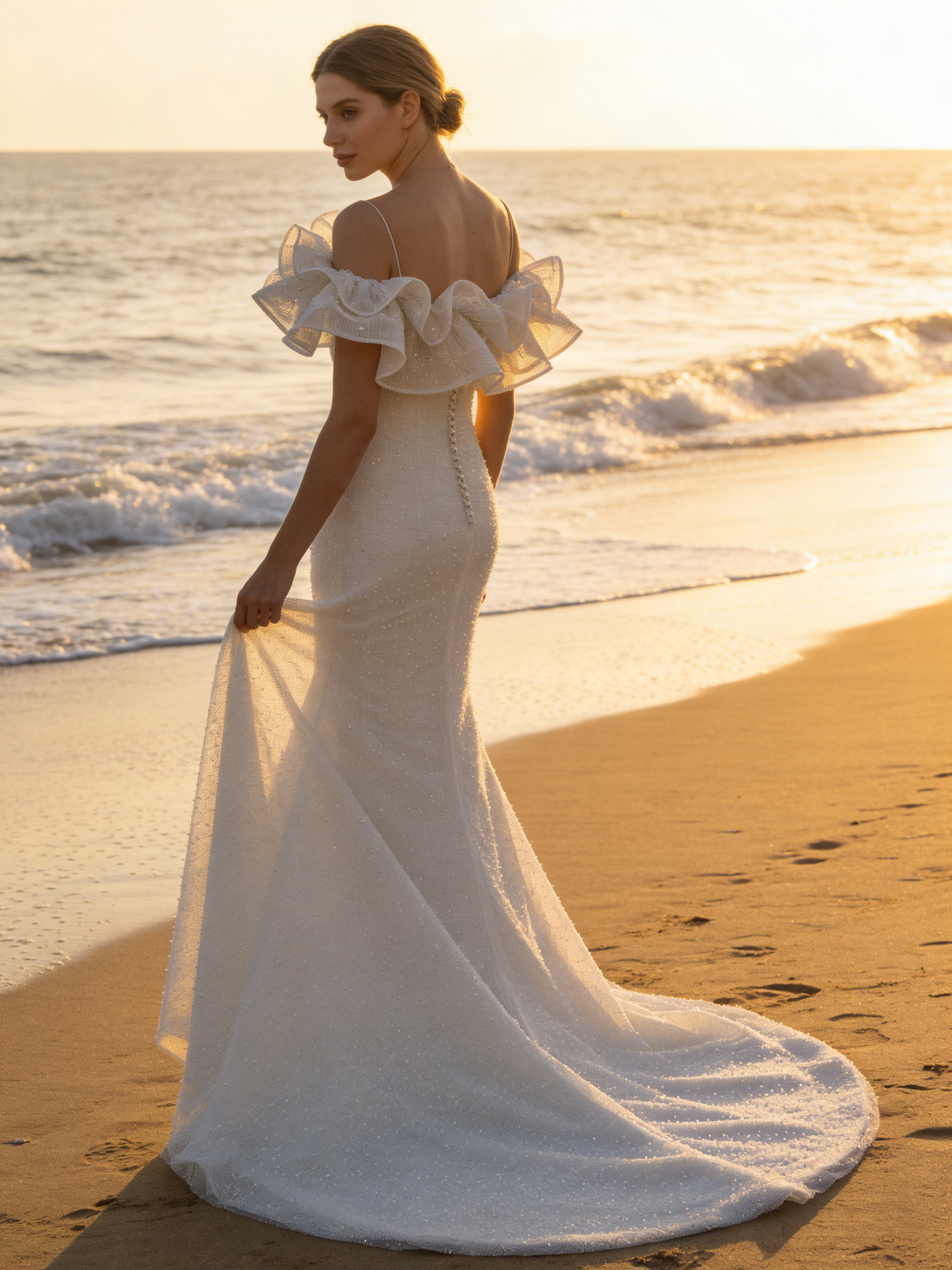 CS141 Glamorous Off-the-Shoulder Ruffle Mermaid Wedding Dress with Pearl Beading & Chapel Train