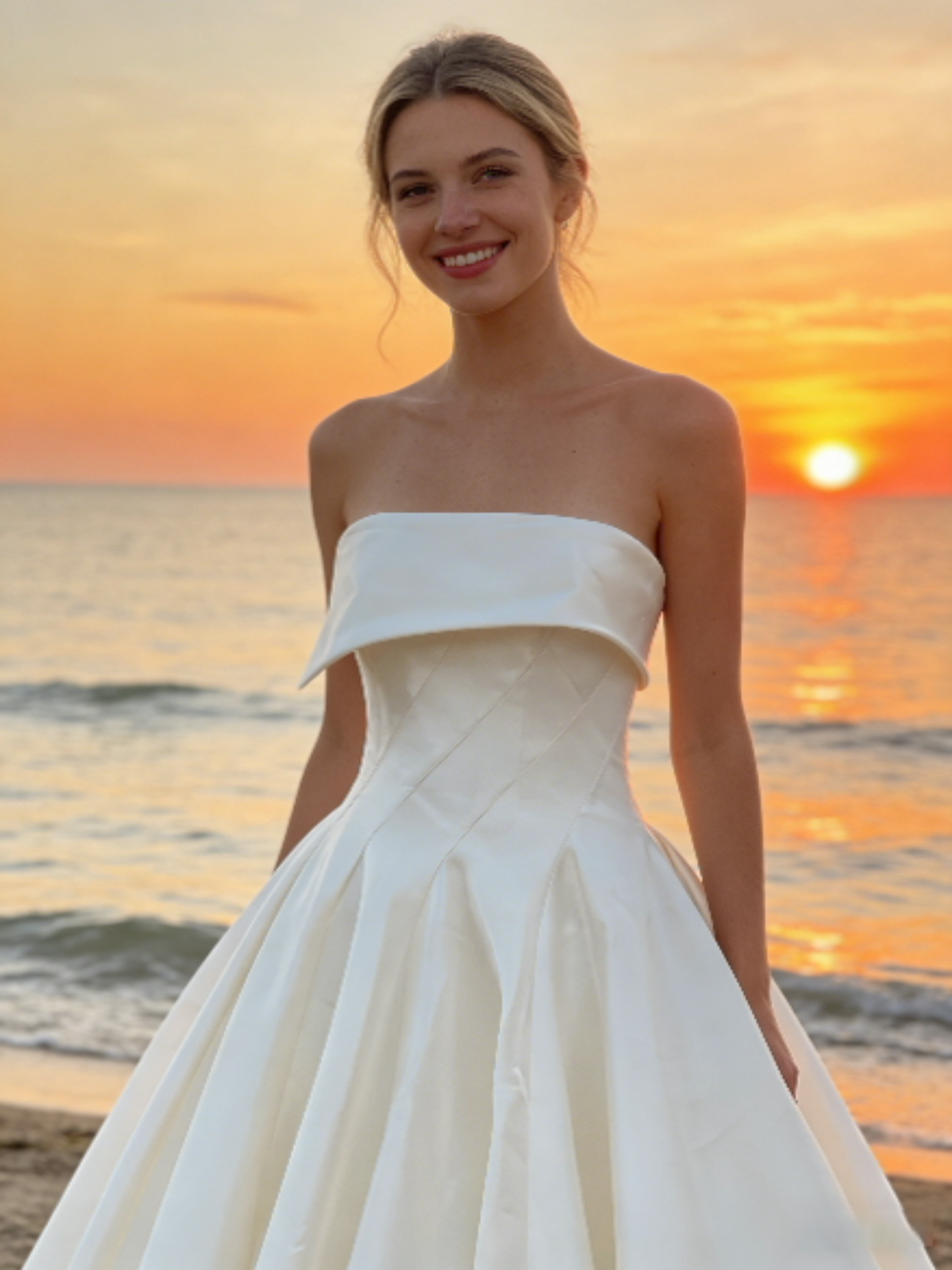 Strapless Asymmetric Neck Satin A-Line Wedding Dress | 1440 Bridal Gown