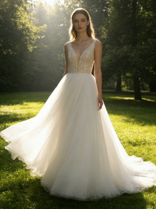 JF007 Elegant Deep V-neck Tulle Ball Gown Wedding Dress with Beaded Bodice