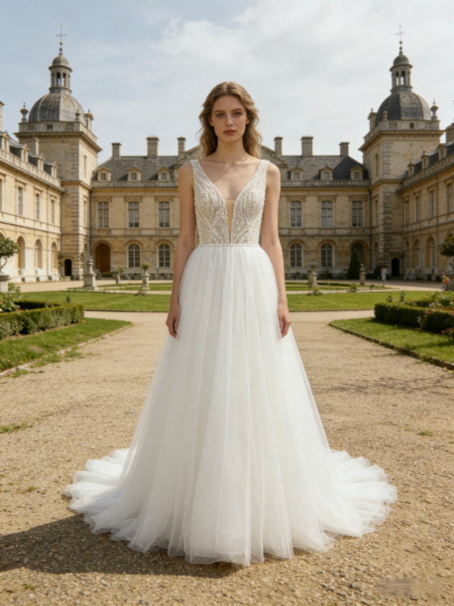 JF007 Elegant Deep V-neck Tulle Ball Gown Wedding Dress with Beaded Bodice