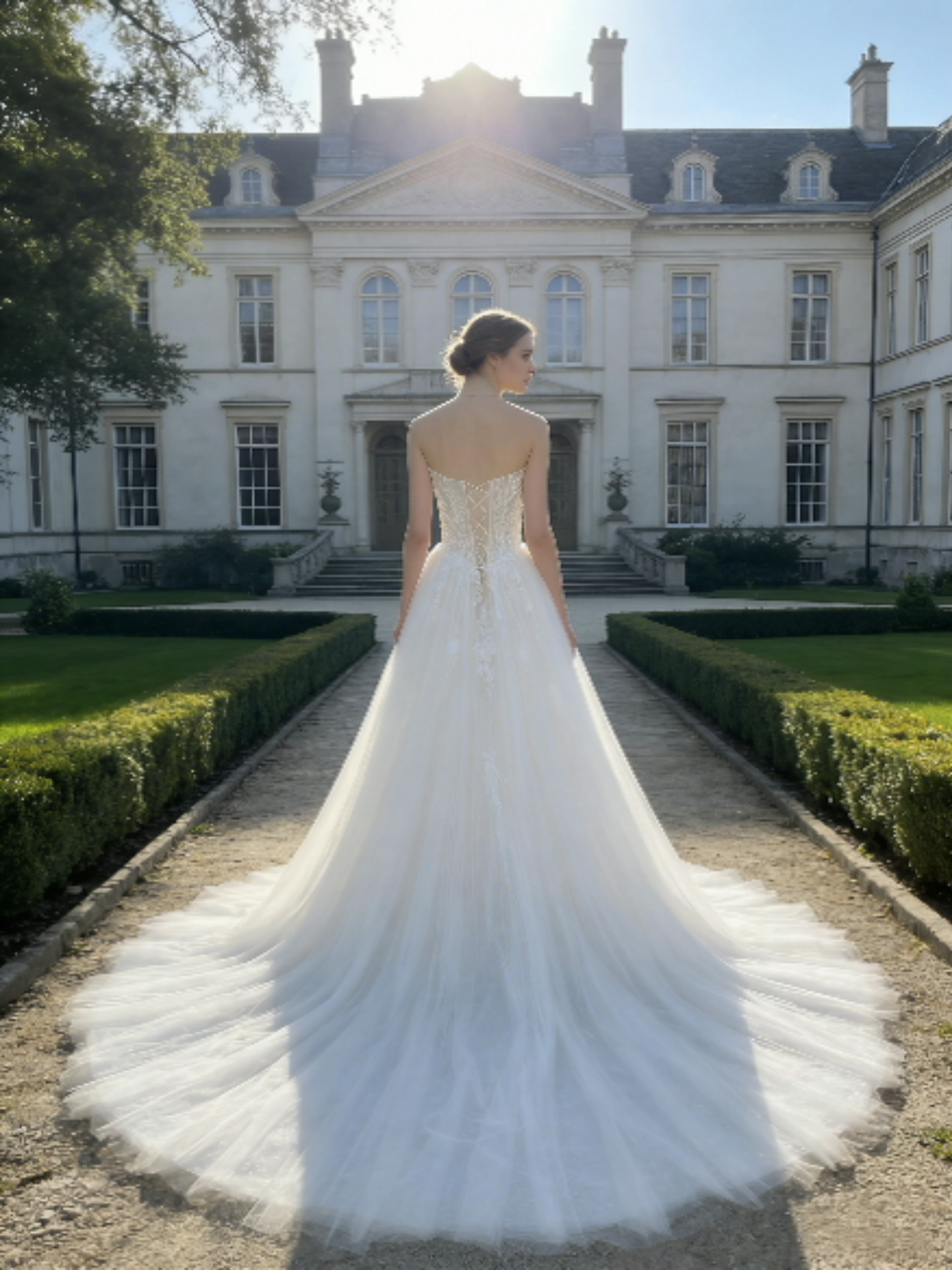 JF009 Elegant Strapless Lace A-Line Wedding Dress with Corset Back & Cathedral Train