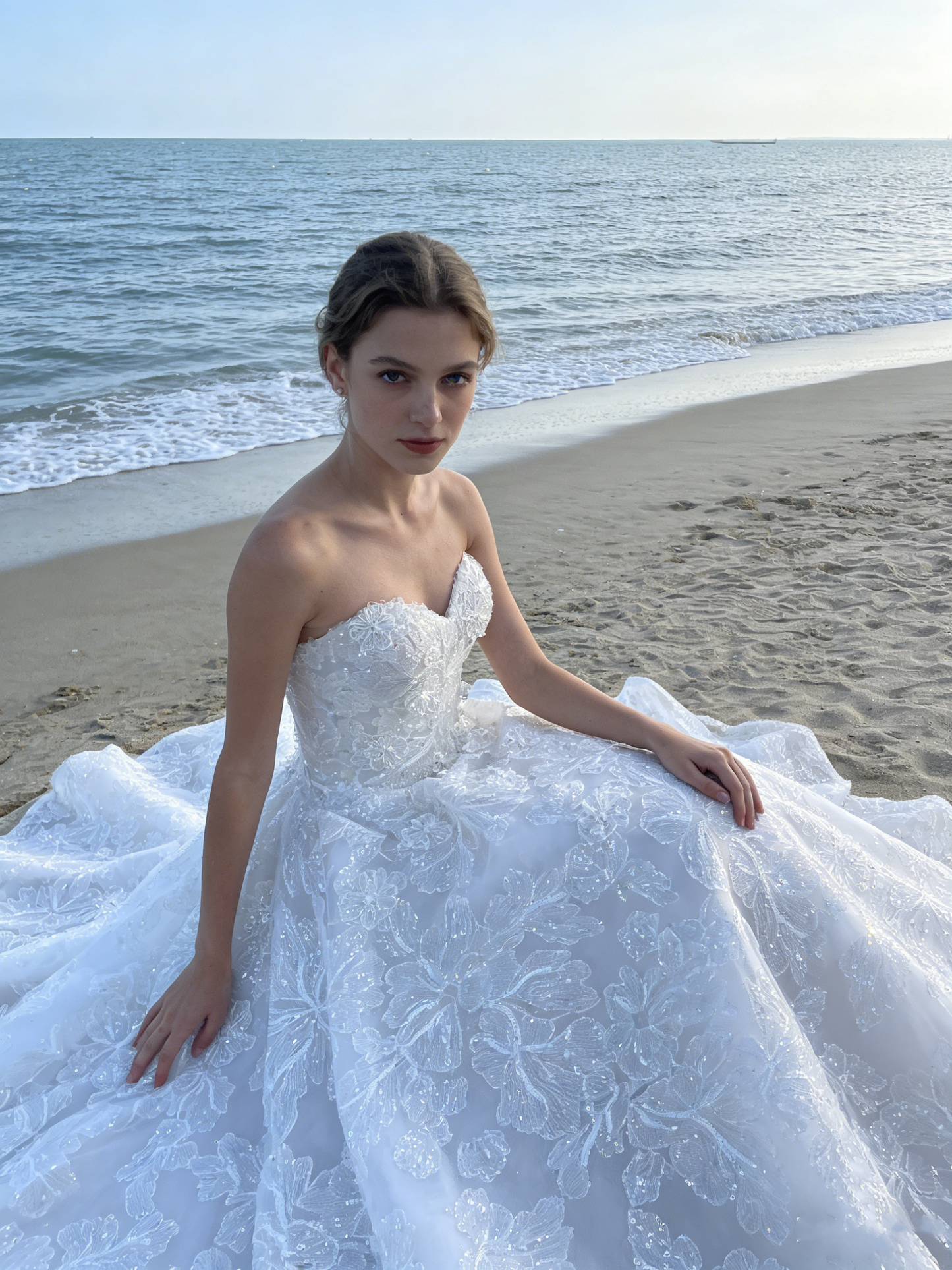 CS127 Luxury 3D Floral Lace Strapless A-Line Wedding Dress with Corset Back & Cathedral Train