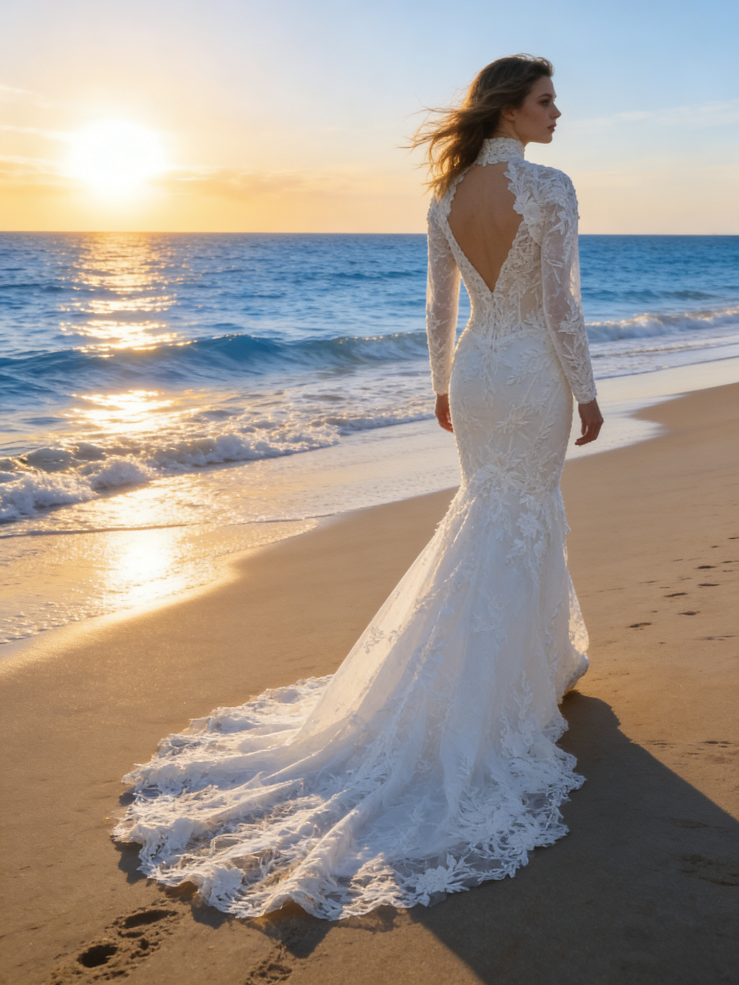 ZT005  Elegant High Neck Long Sleeve Mermaid Wedding Dress with 3D Lace Appliqué & Keyhole Cutout