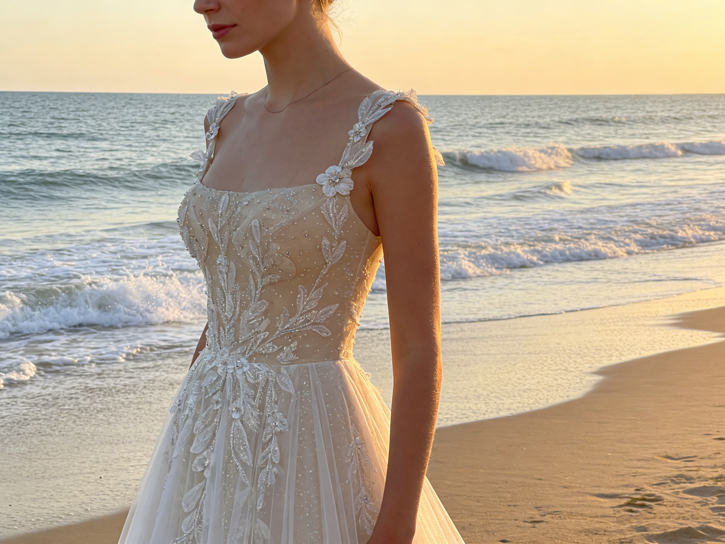 CS00007 Elegant Floral Embroidered A-Line Wedding Dress with Square Neck & Detachable Train