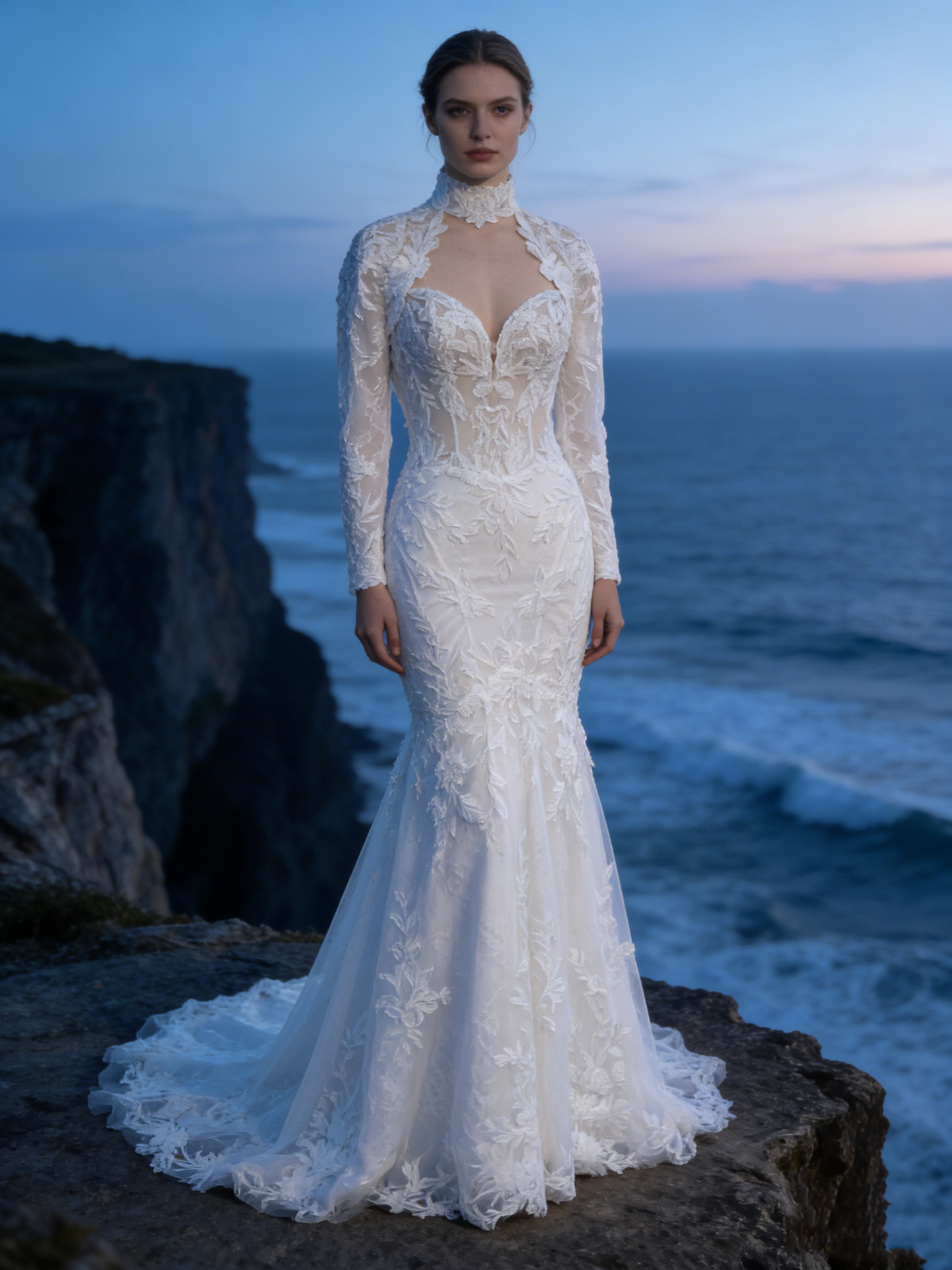 ZT005  Elegant High Neck Long Sleeve Mermaid Wedding Dress with 3D Lace Appliqué & Keyhole Cutout