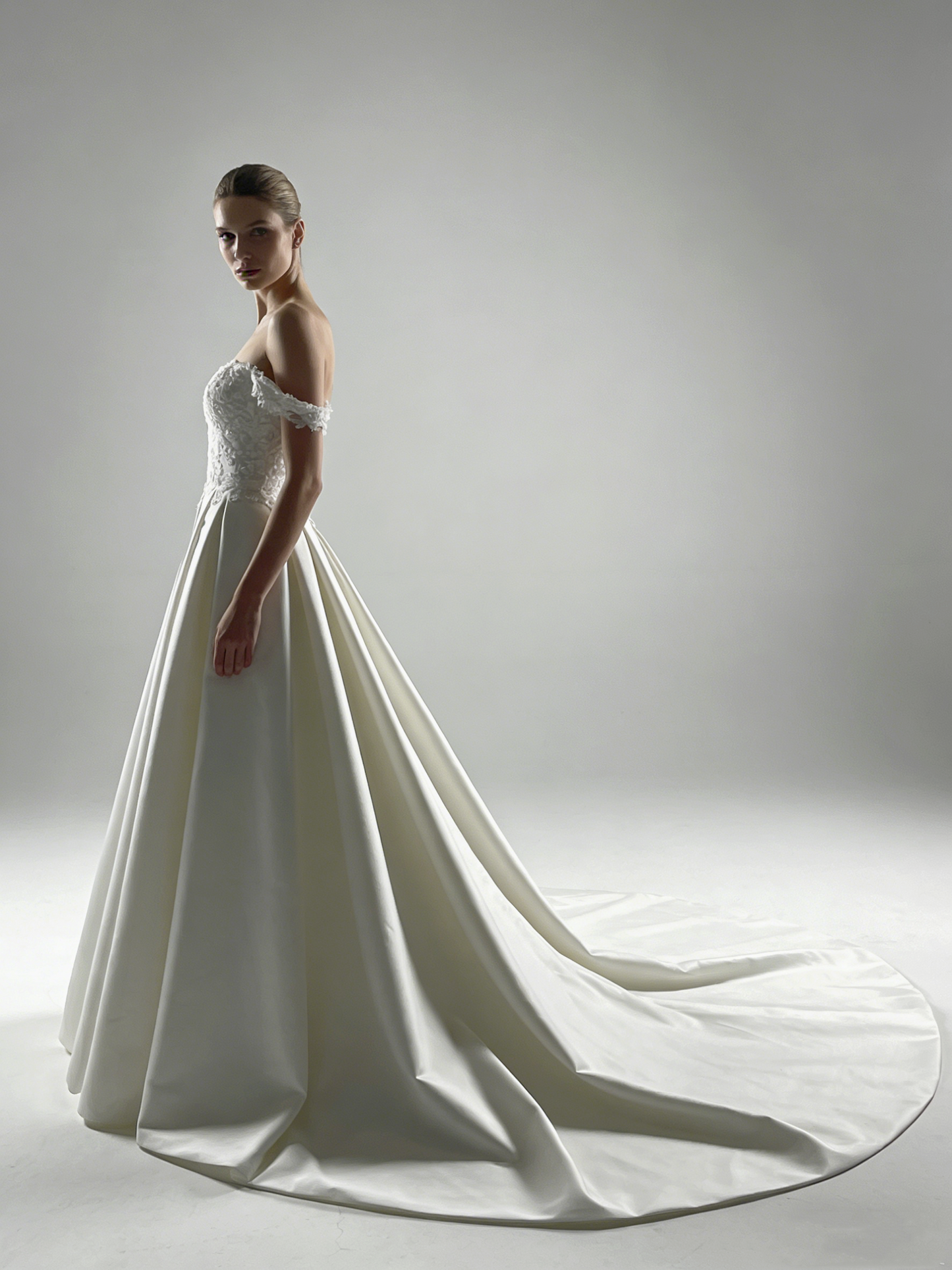 Elegant Off-the-Shoulder Satin A-Line Wedding Dress with Lace Bodice LJX228 Bridal Gown