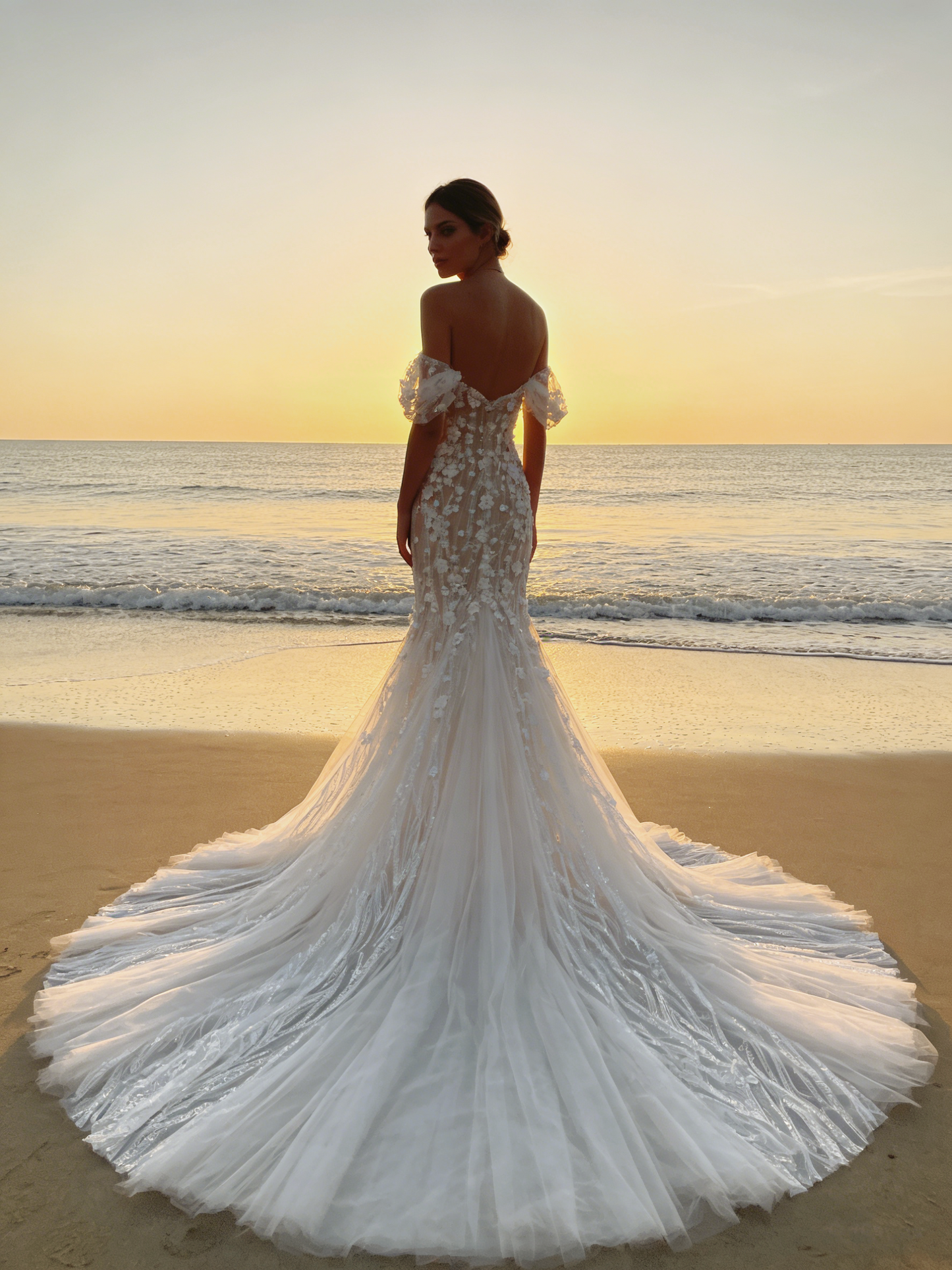 JF002 Off-the-Shoulder Mermaid Wedding Dress with 3D Floral Appliques & Tulle Train
