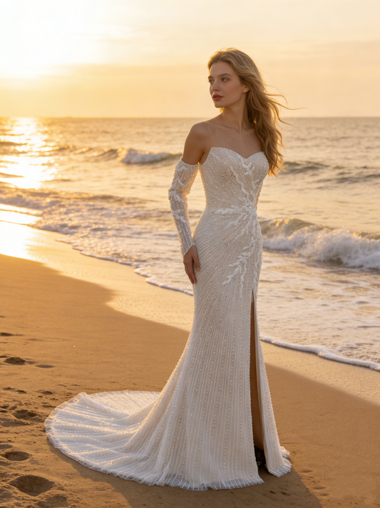 CS194 Beaded Mermaid Wedding Dress with Detachable Off-the-Shoulder Long Sleeves